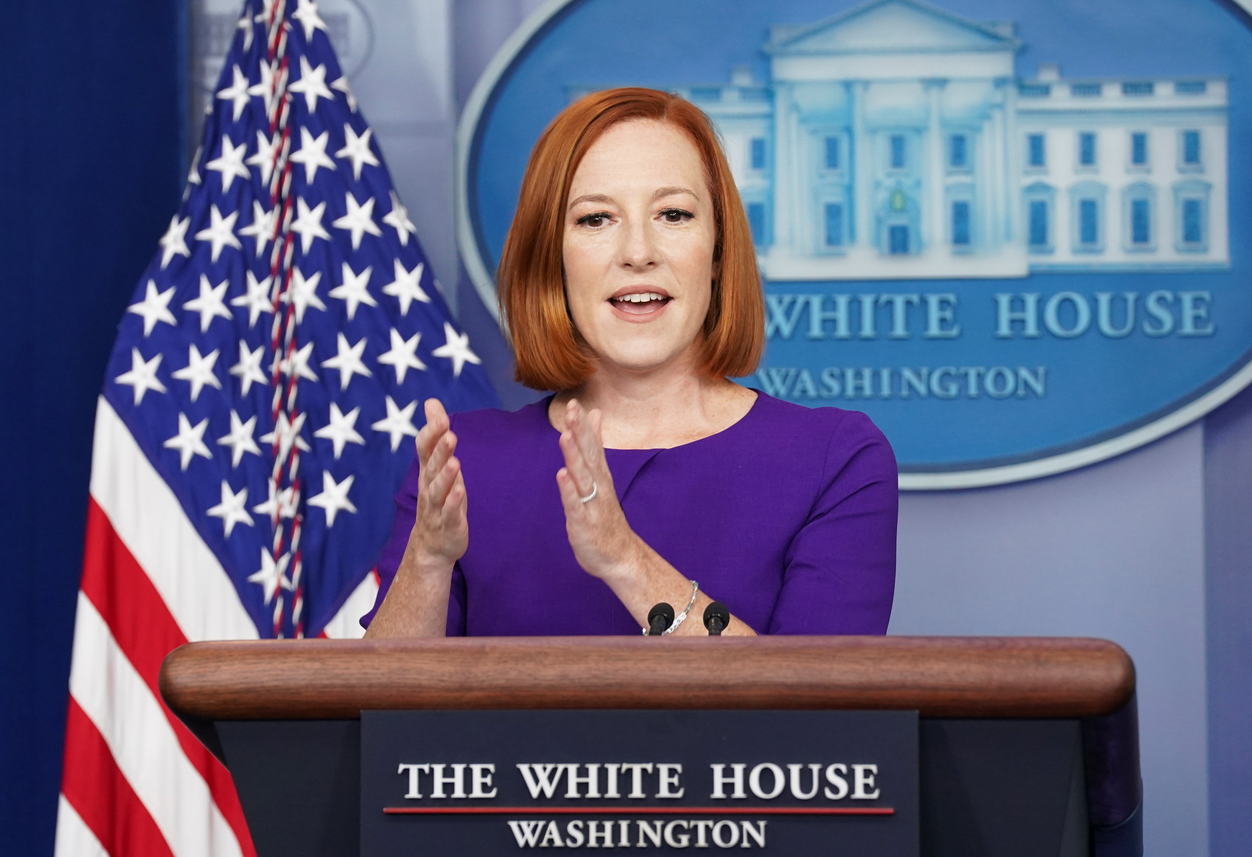 Jen Psaki speaks during a press briefing at the White House in Washington