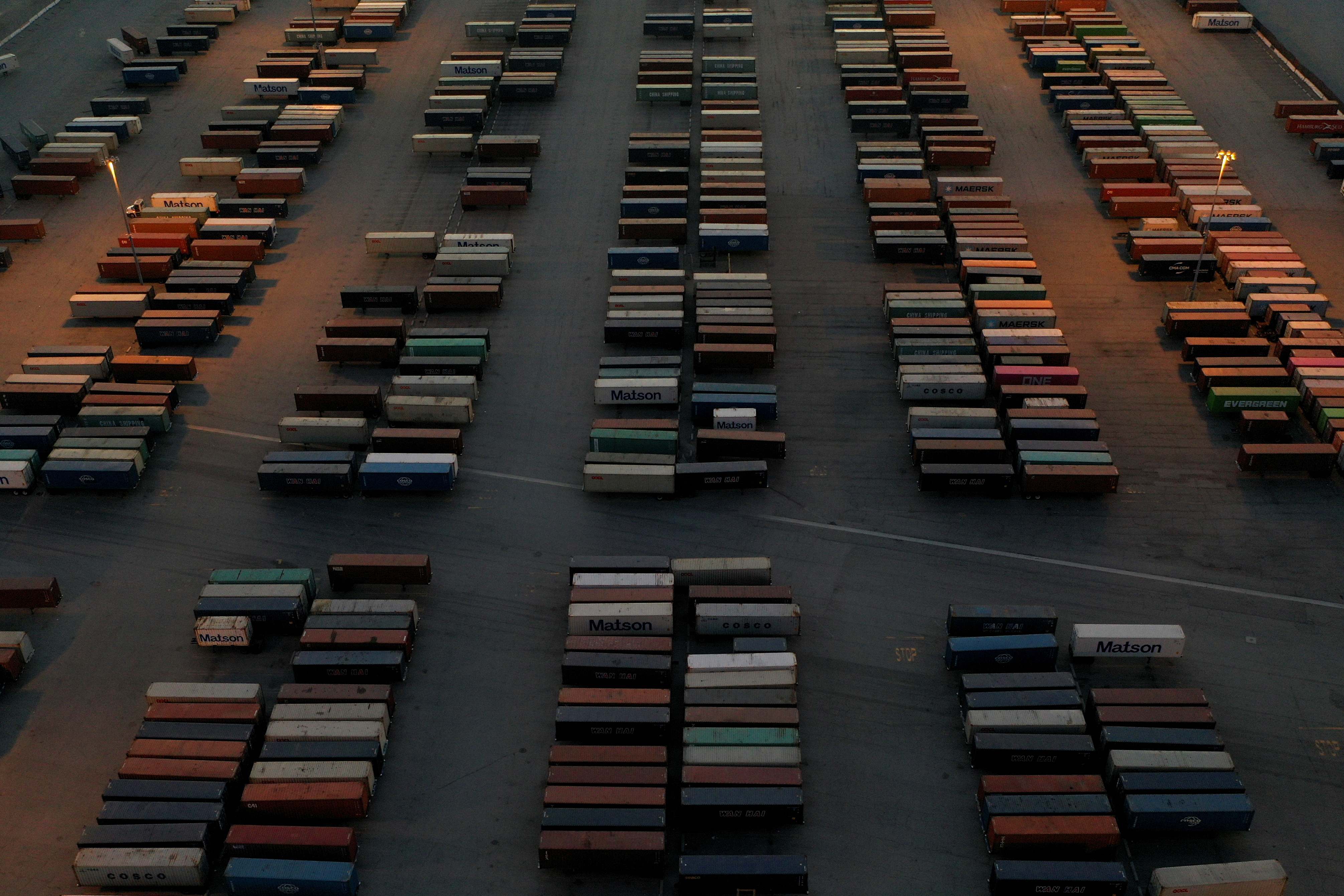 Cargo shipping containers at a storage yard in Carson, California