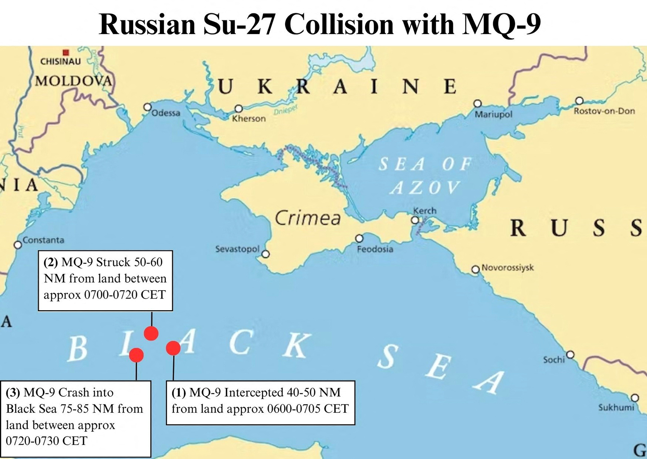 U.S. Defense Department map of encounter between U.S. drone and Russian jet over the Black Sea