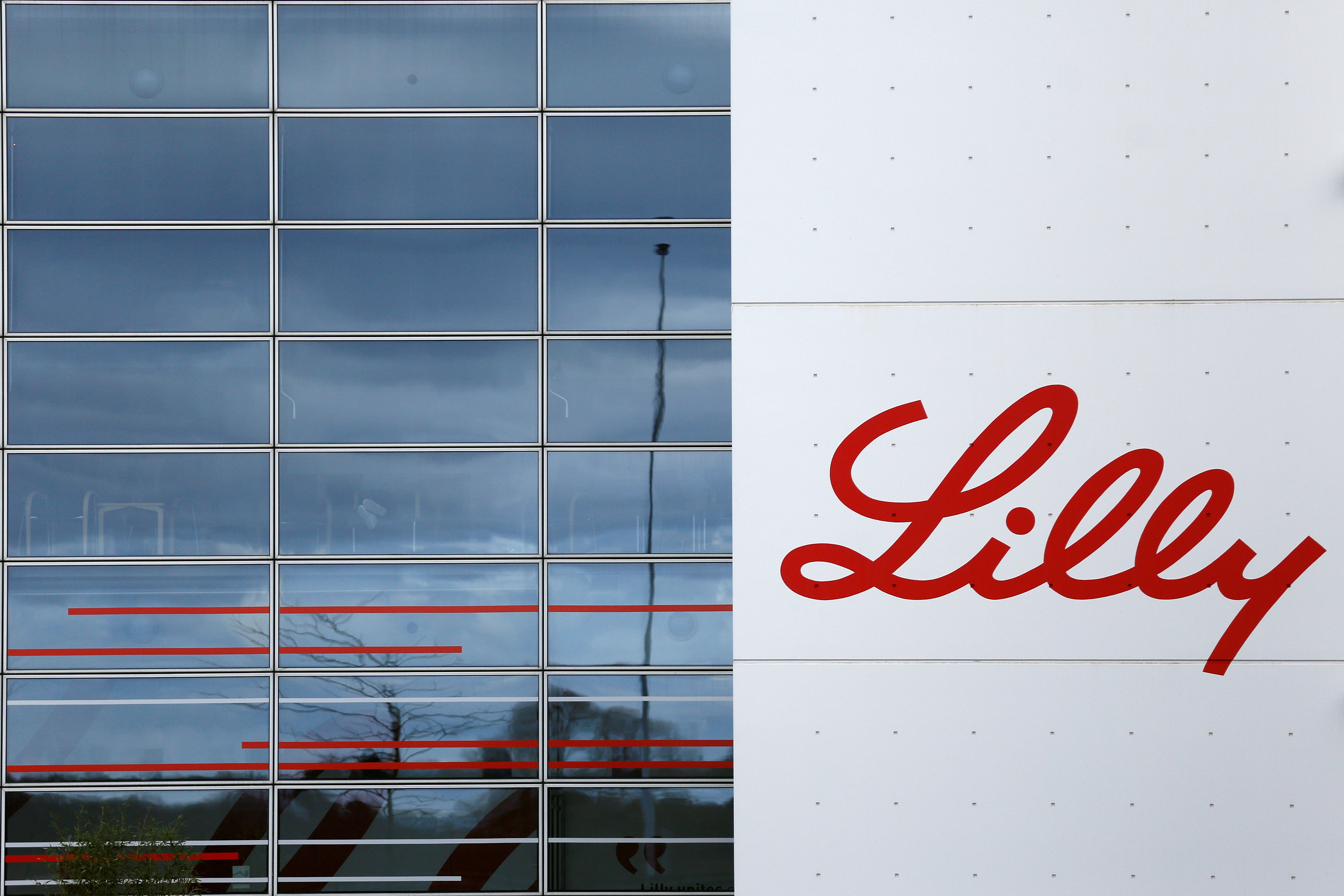 The logo of Lilly is seen on a wall of the Lilly France company unit, part of the Eli Lilly and Co drugmaker group, in Fegersheim near Strasbourg