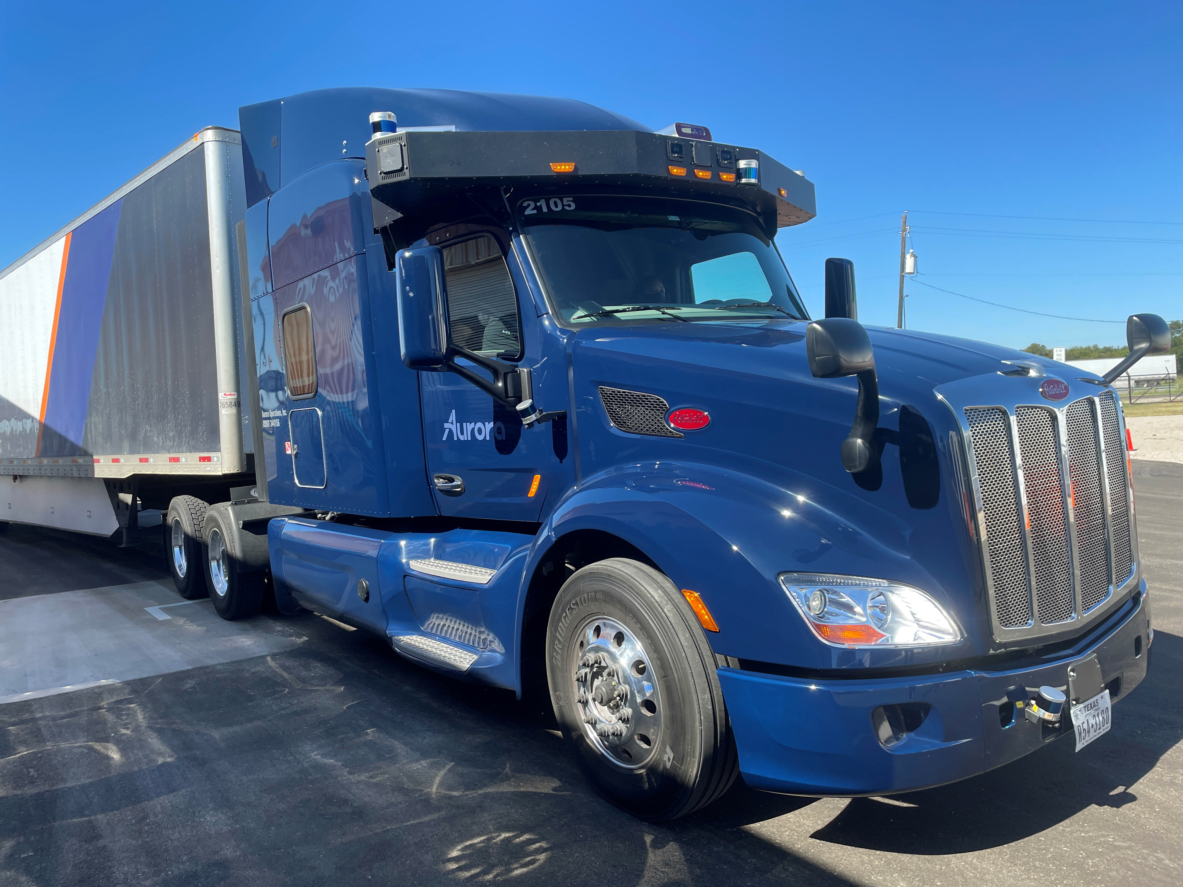 A Peterbilt 579 truck equipped with Aurora's self-driving system is seen at the company's terminal in Palmer