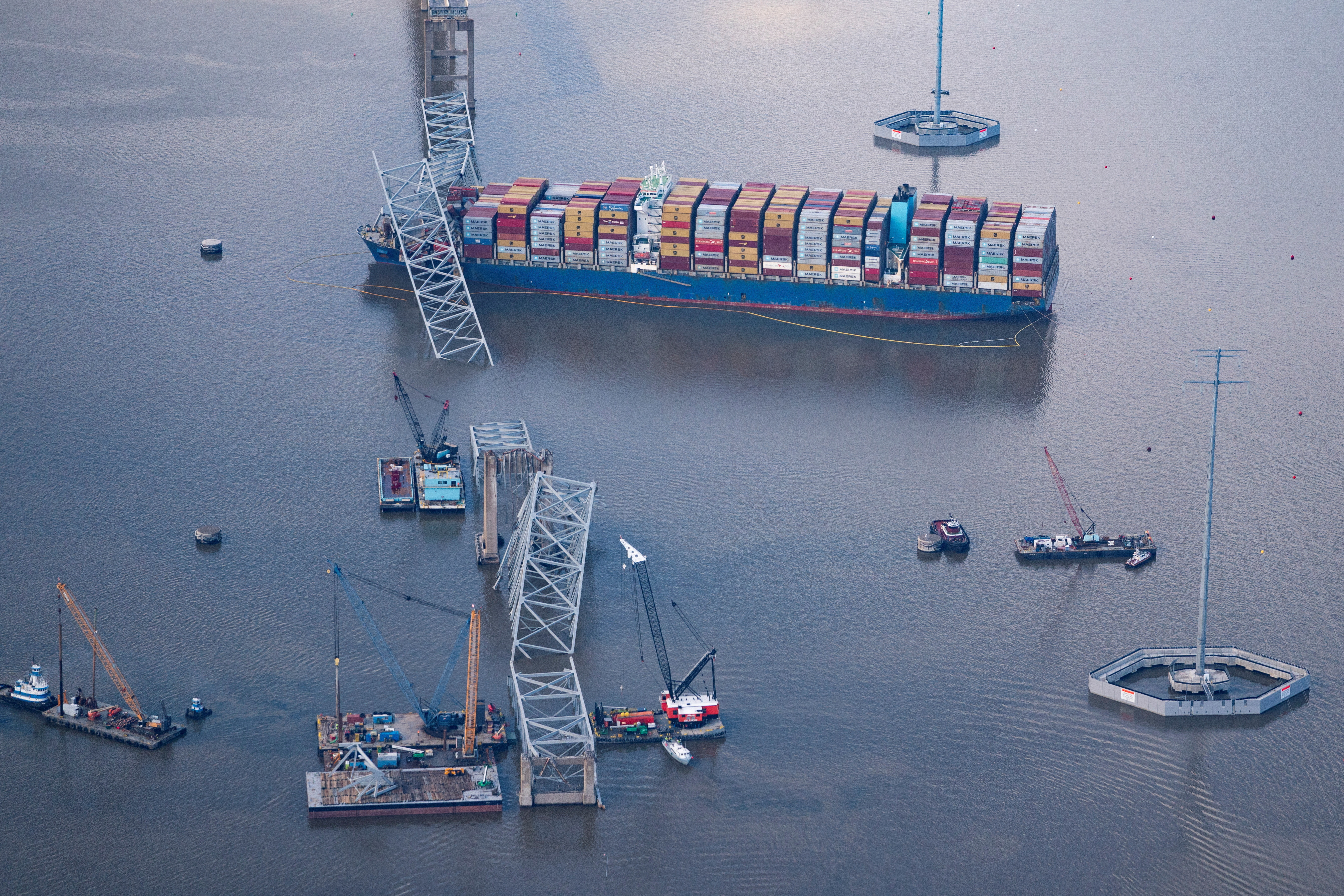 View of the Dali cargo vessel which crashed into the Francis Scott Key Bridge causing it to collapse in Baltimore, Maryland