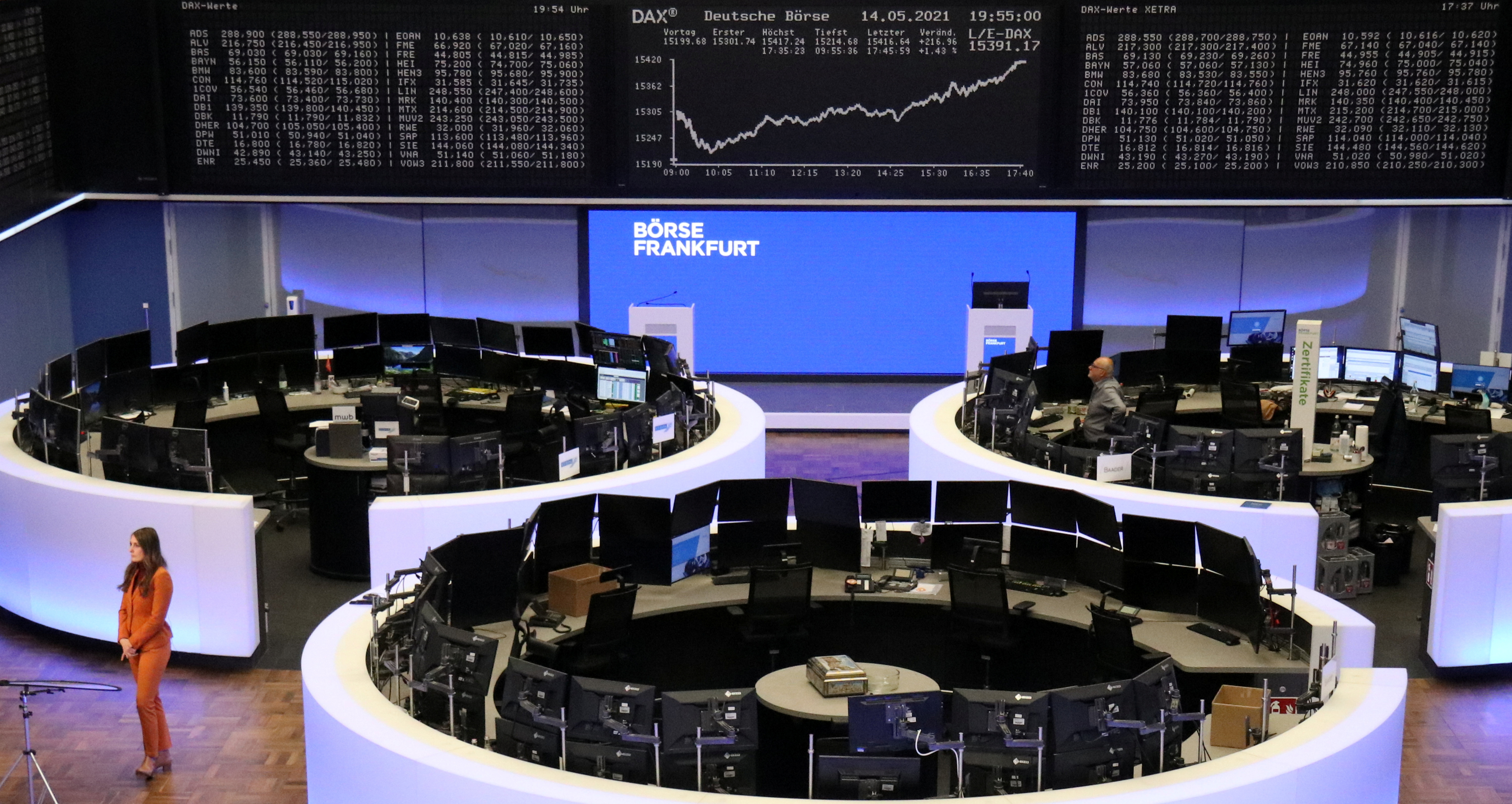 The German share price index DAX graph is pictured at the stock exchange in Frankfurt, Germany, May 14, 2021.    REUTERS/Staff