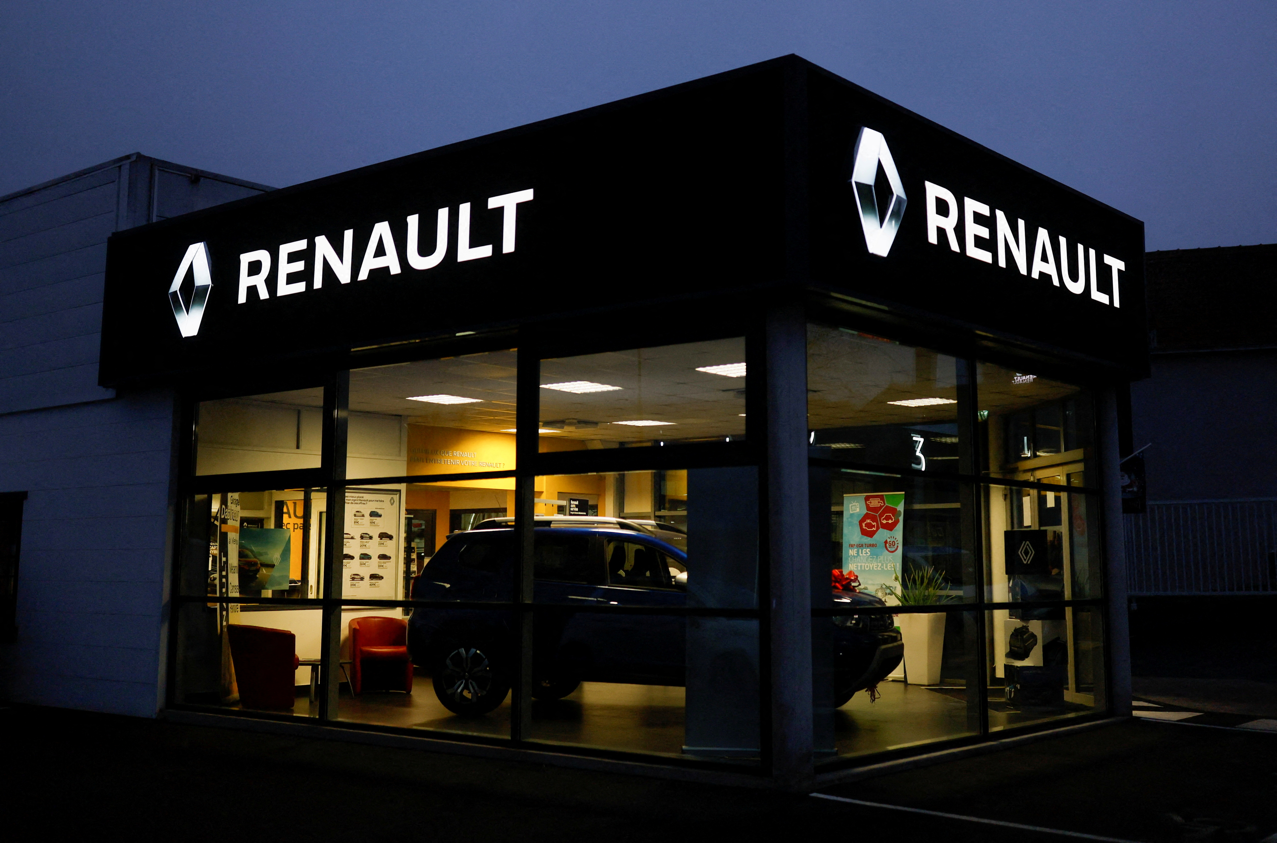 The logo of Renault is pictured at a dealership in Vertou