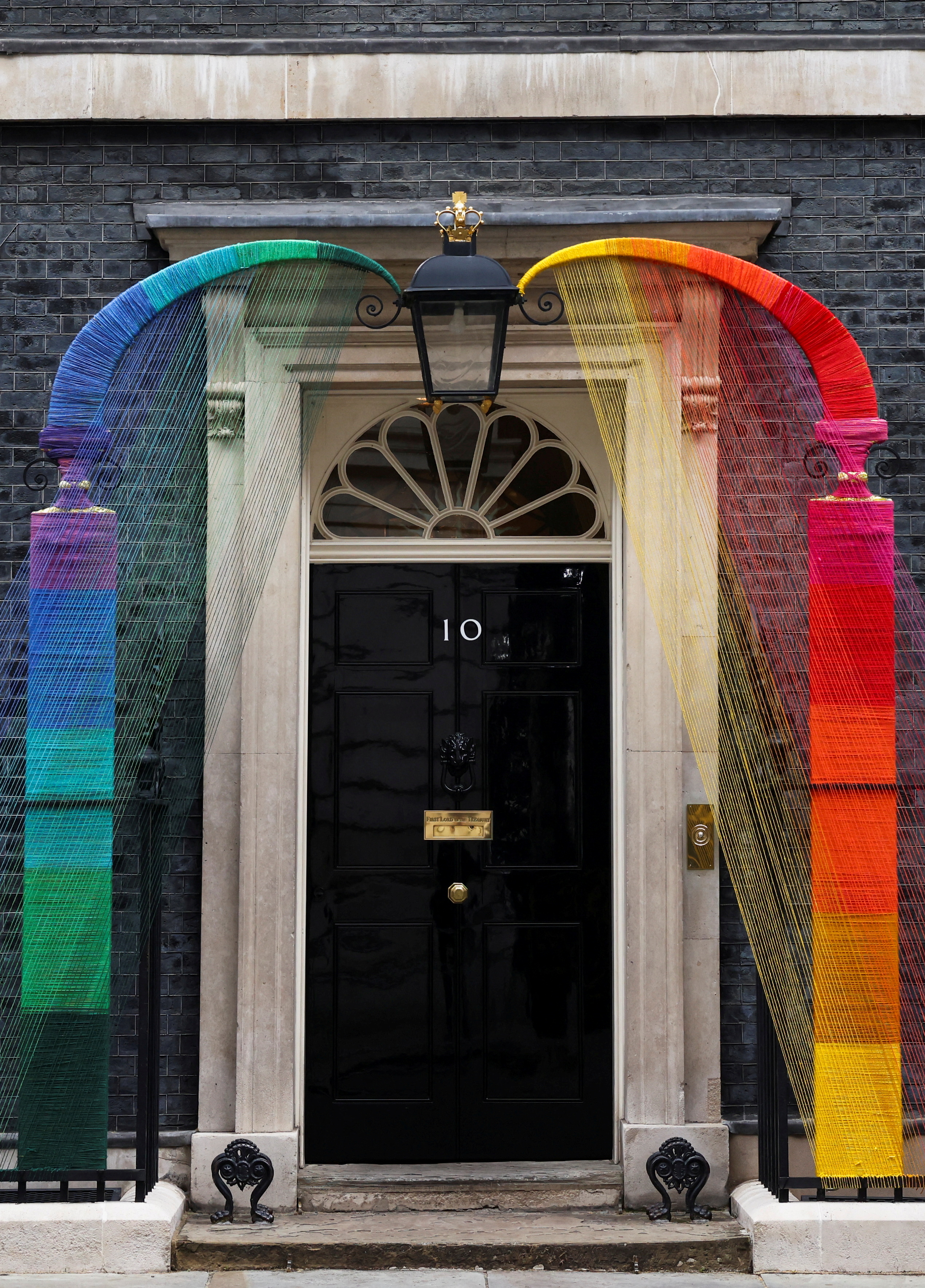 Rainbow arch is installed in Downing Street to mark Pride month, in London
