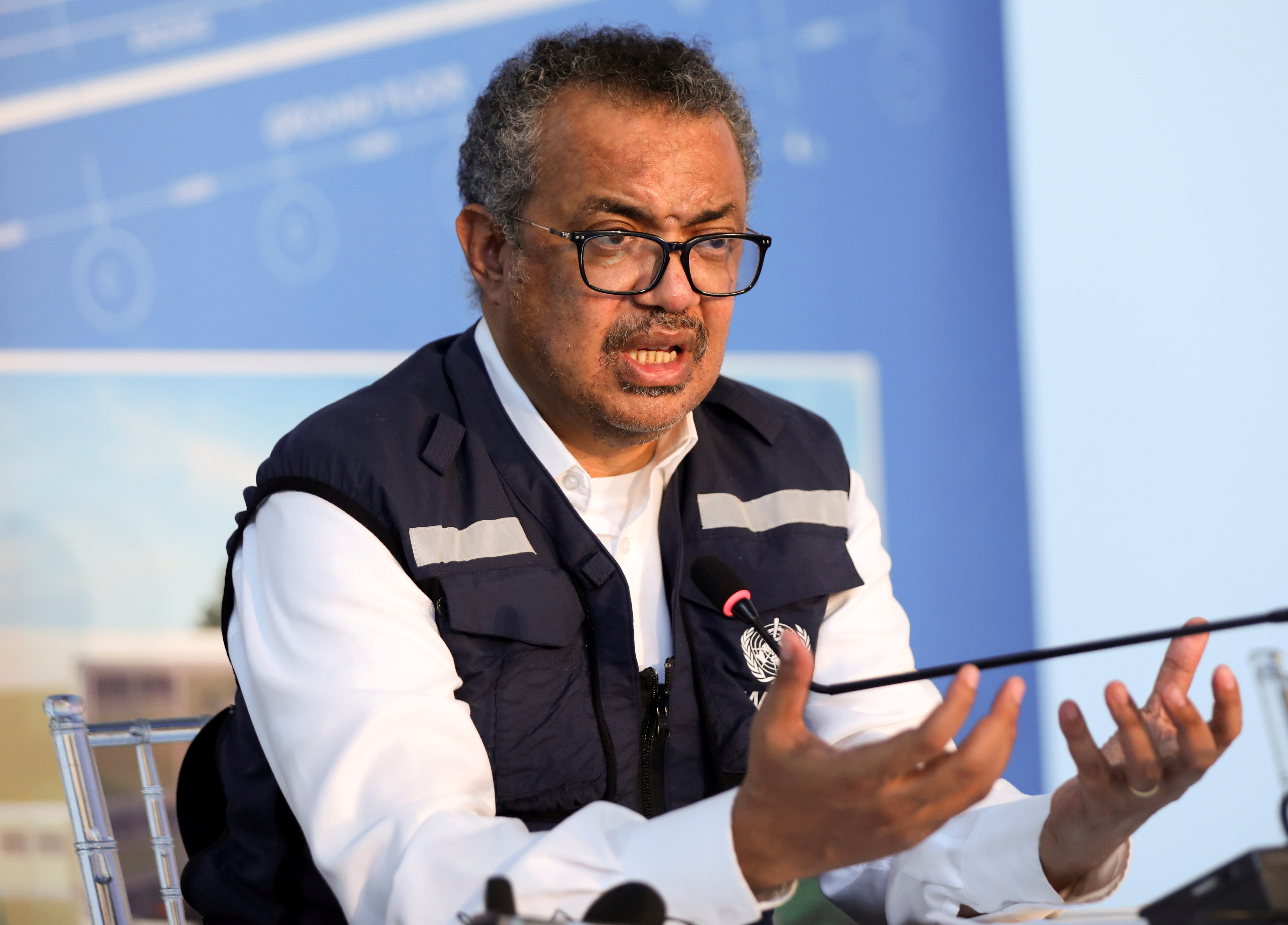 World Health Organization (WHO) Director-General Tedros Adhanom Ghebreyesus, gestures during a news conference in Beirut