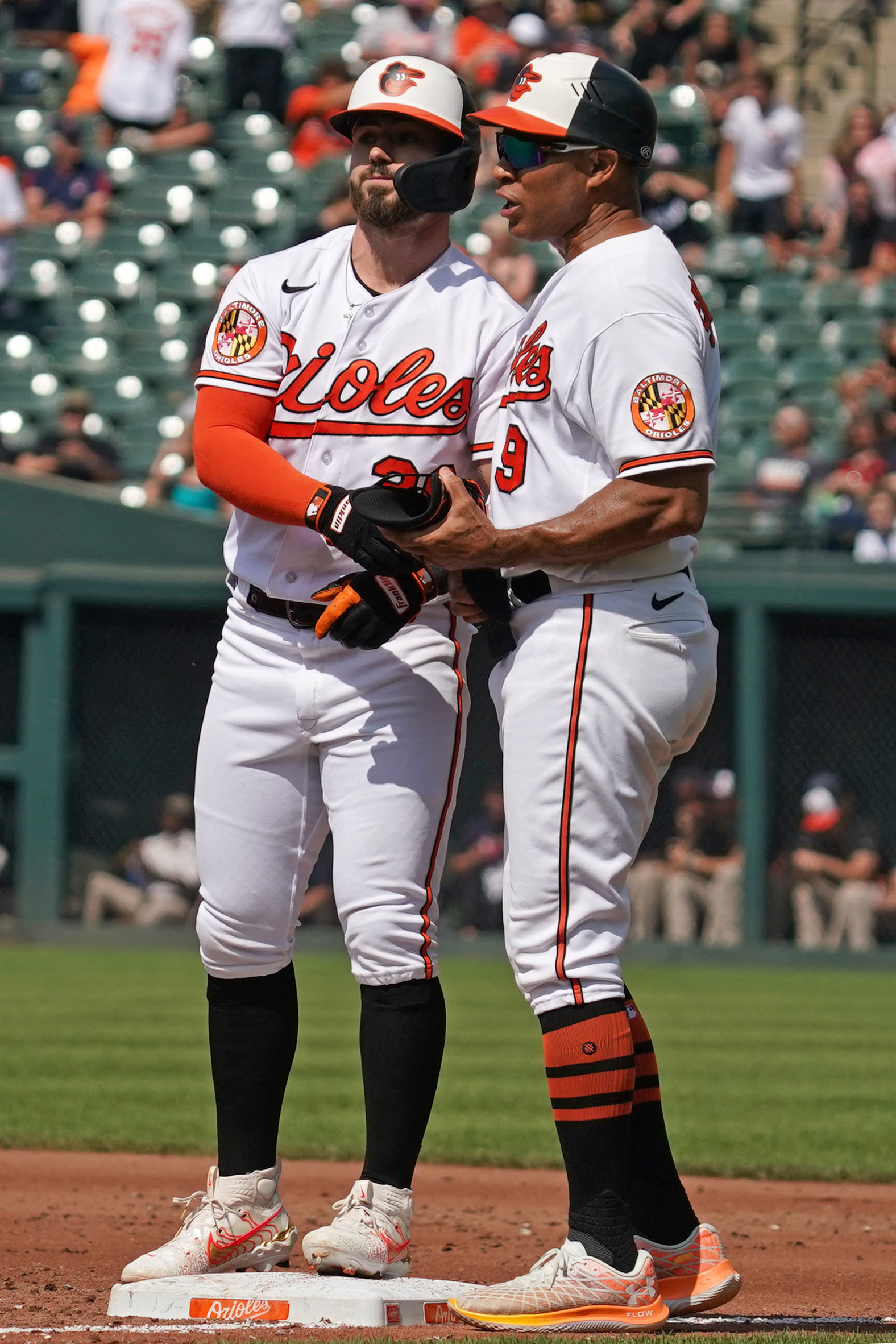 Baltimore, United States. 29th May, 2023. Cleveland Guardians first baseman Josh  Naylor (22) making contact with the pitch in the top of the third inning  against the Baltimore Orioles at Oriole Park