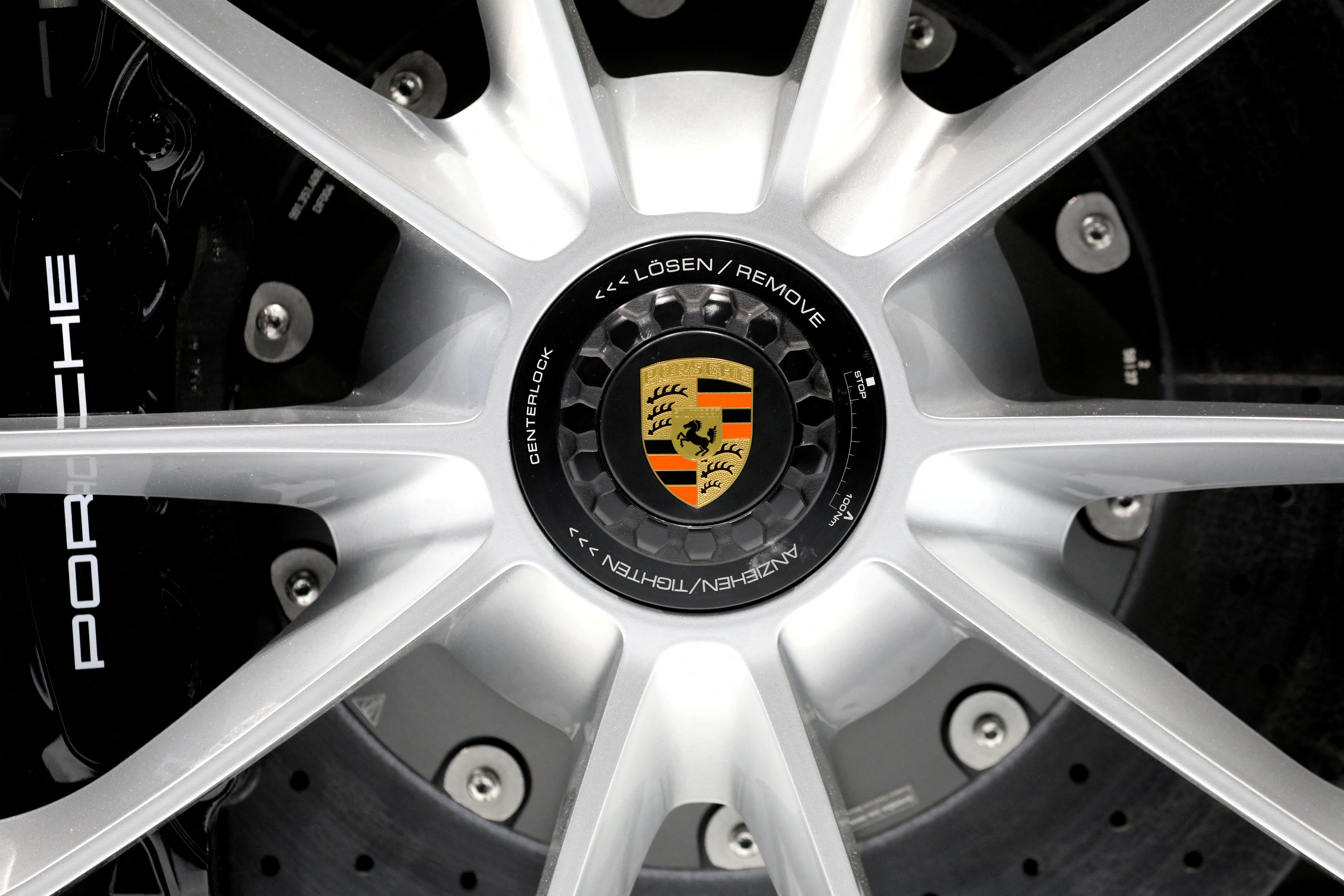 The Porsche logo seen on wheel as 2020 Porsche 911 Speedster is revealed at the 2019 New York International Auto Show in New York