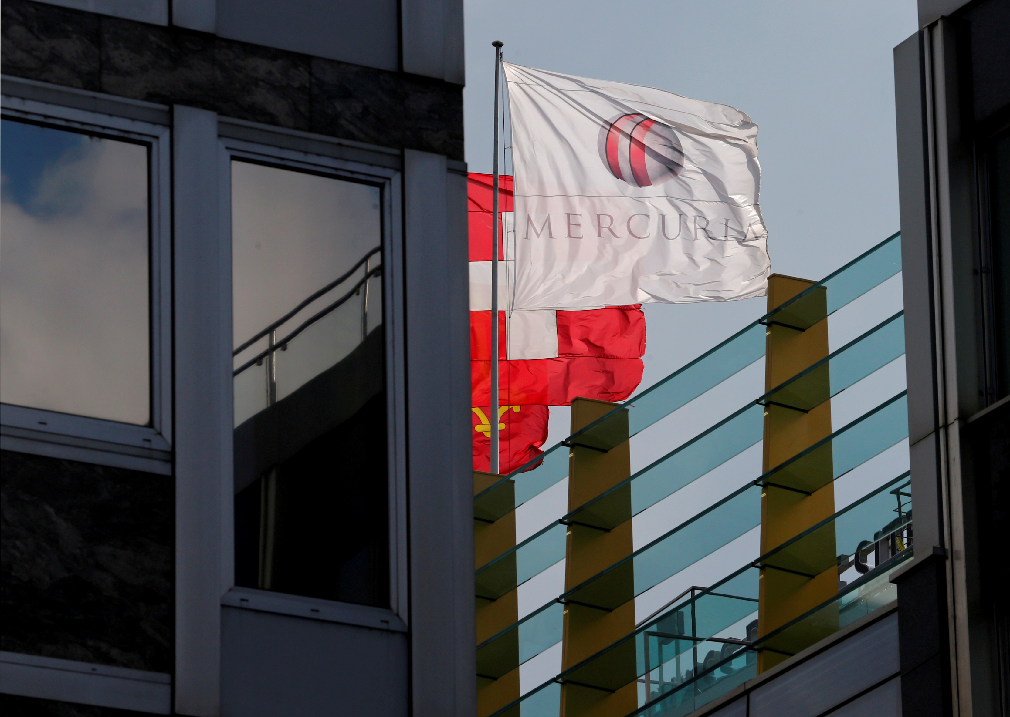 A flag with the logo of Mercuria commodity trading house is pictured in Geneva