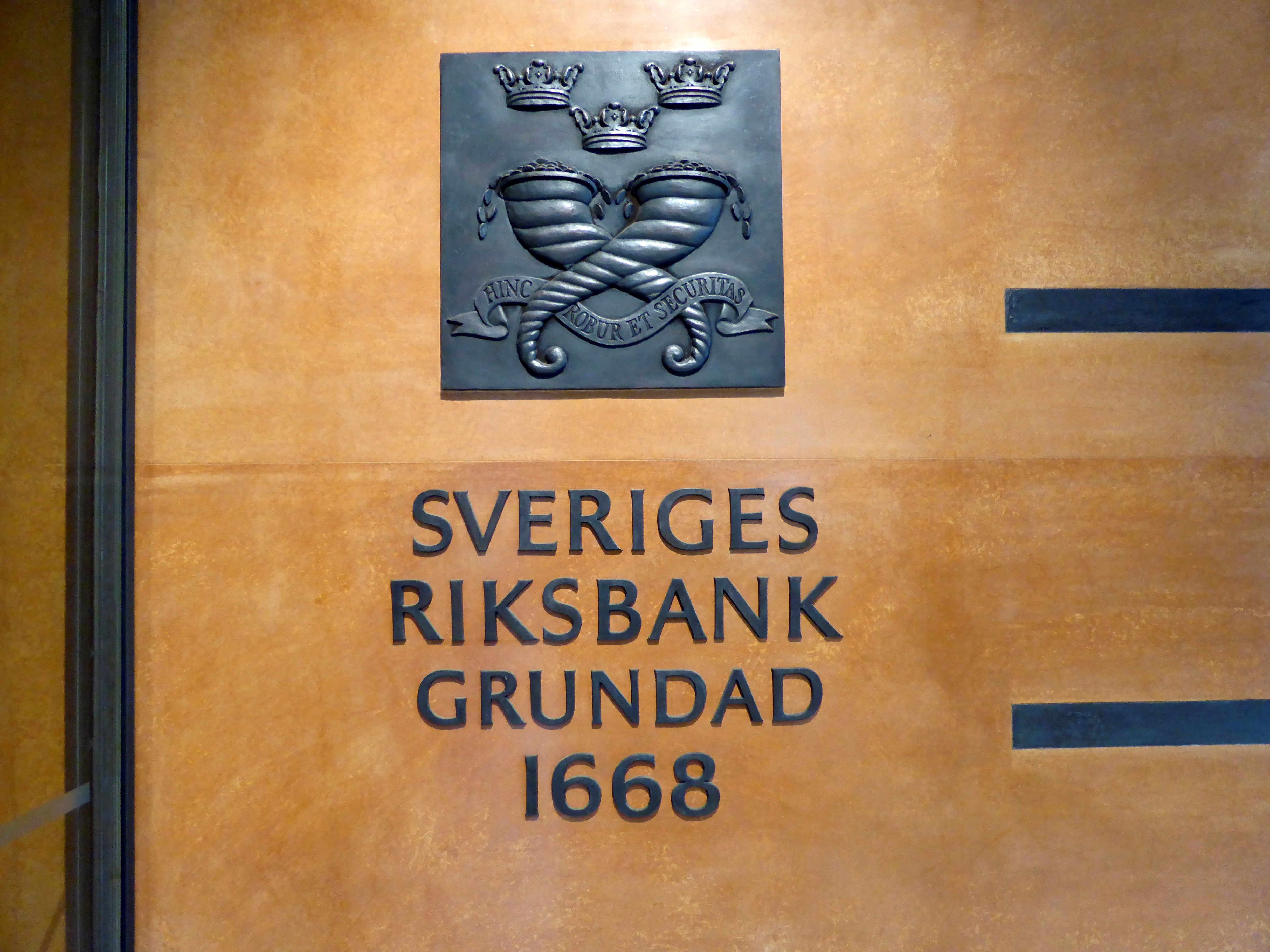 The sign for Sweden's central bank is pictured in Stockholm
