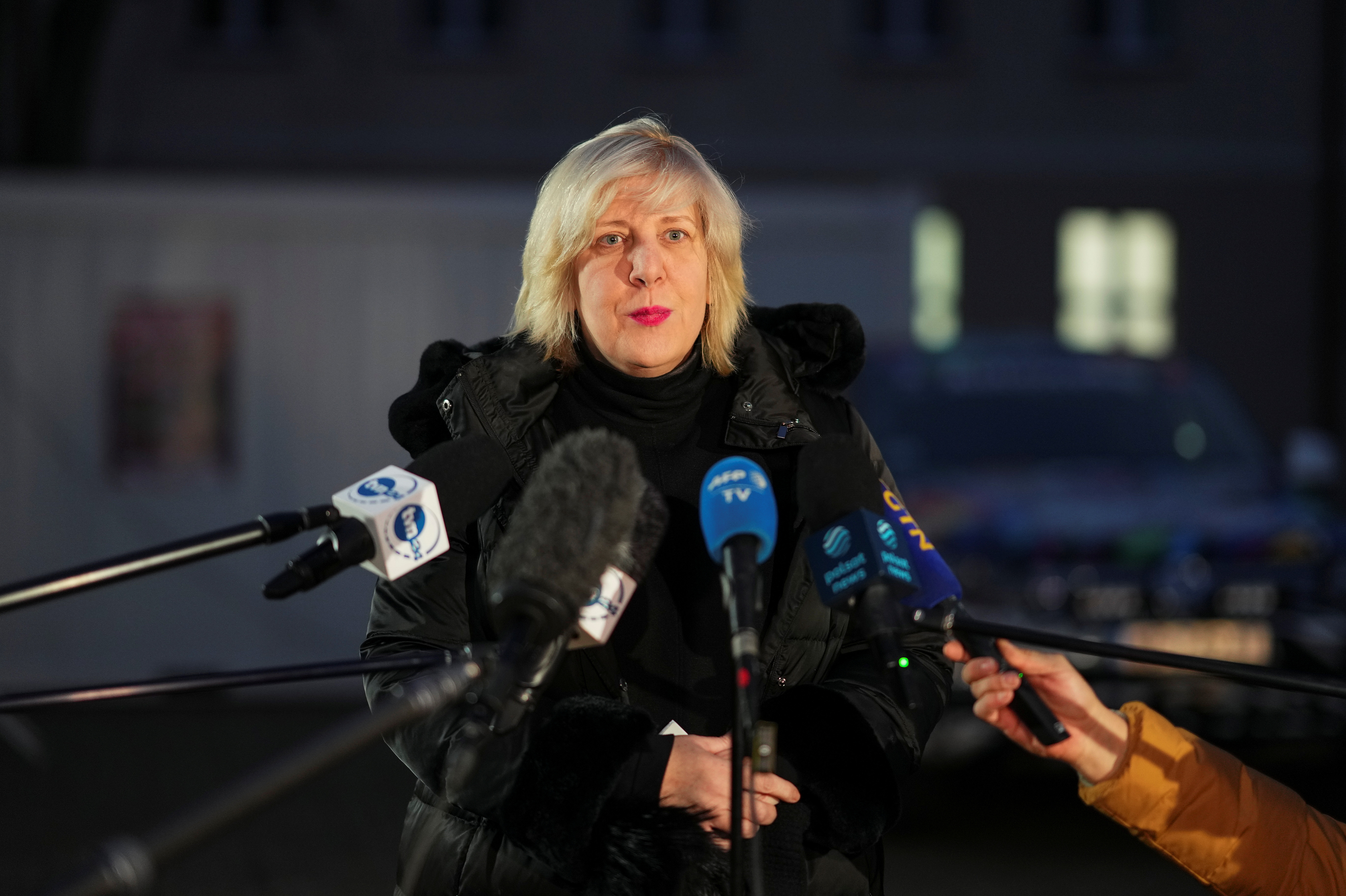 Dunja Mijatovic, the Council of Europe’s Human Rights Commissioner, addresses the media in Michalowo