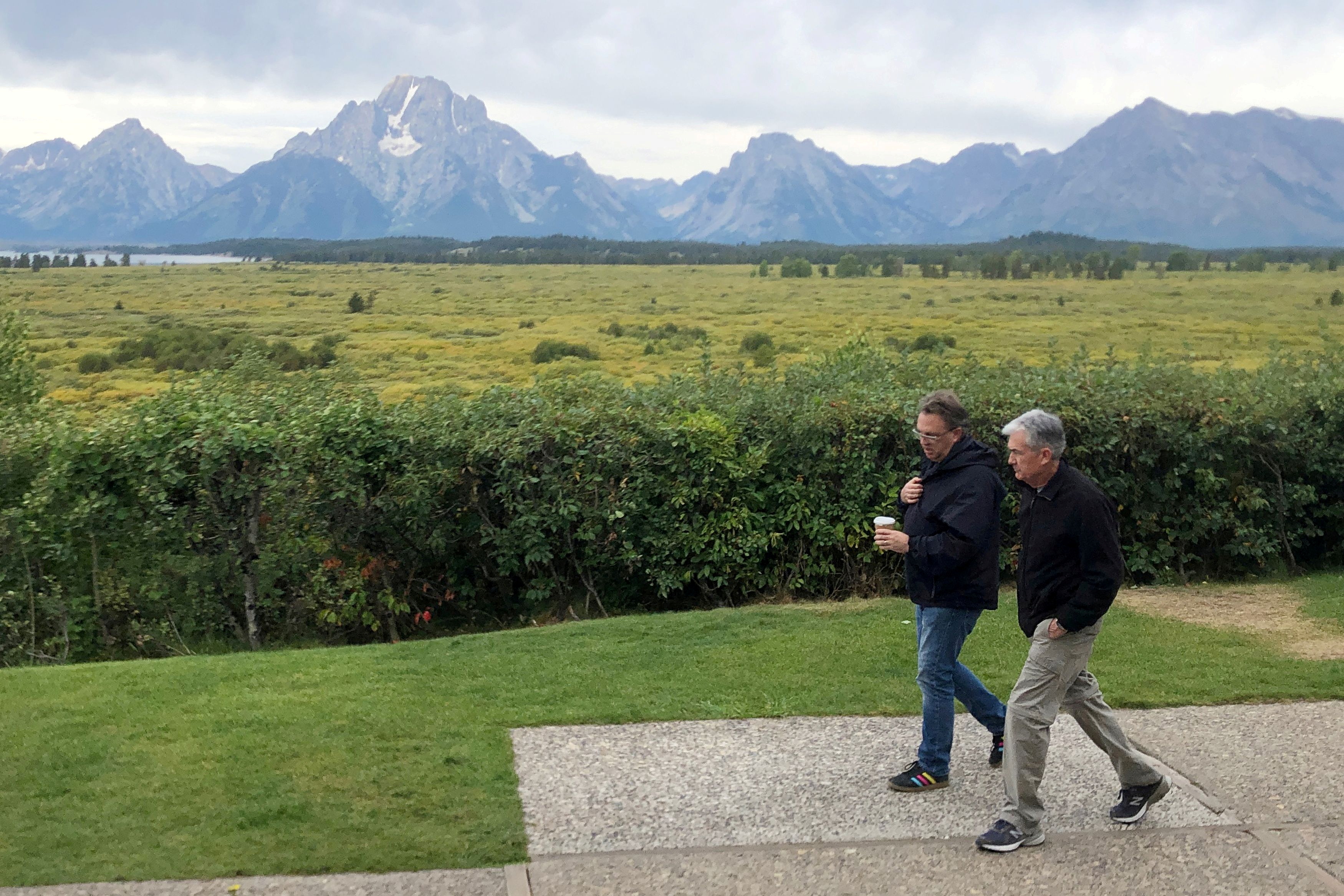 Federal Reserve Chair Jerome Powell and New York Federal Reserve President John Williams walk together in Jackson Hole