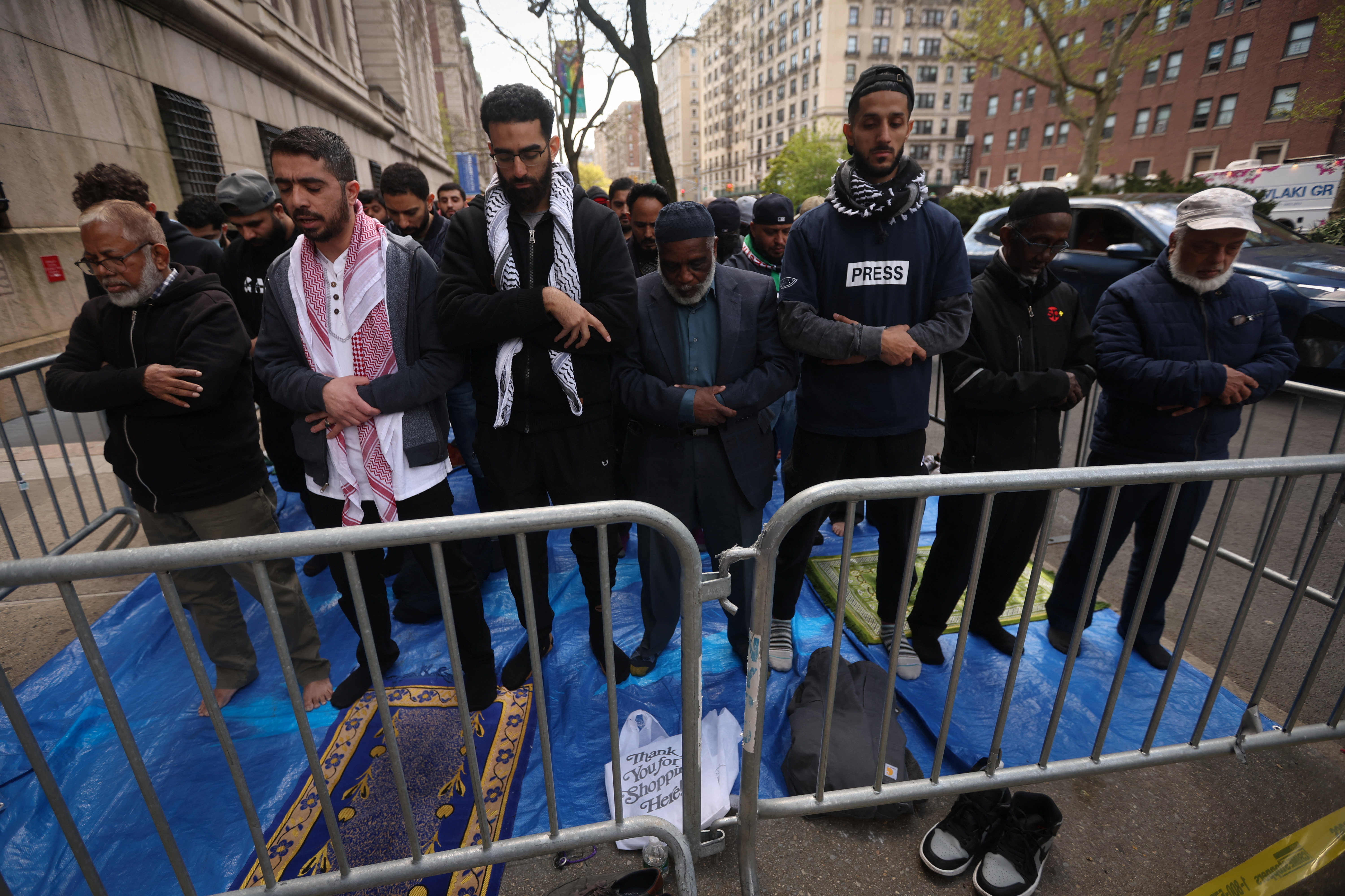 Muslims gather outside Columbia University campus to support student protest encampment in support of Palestinians, in New York City