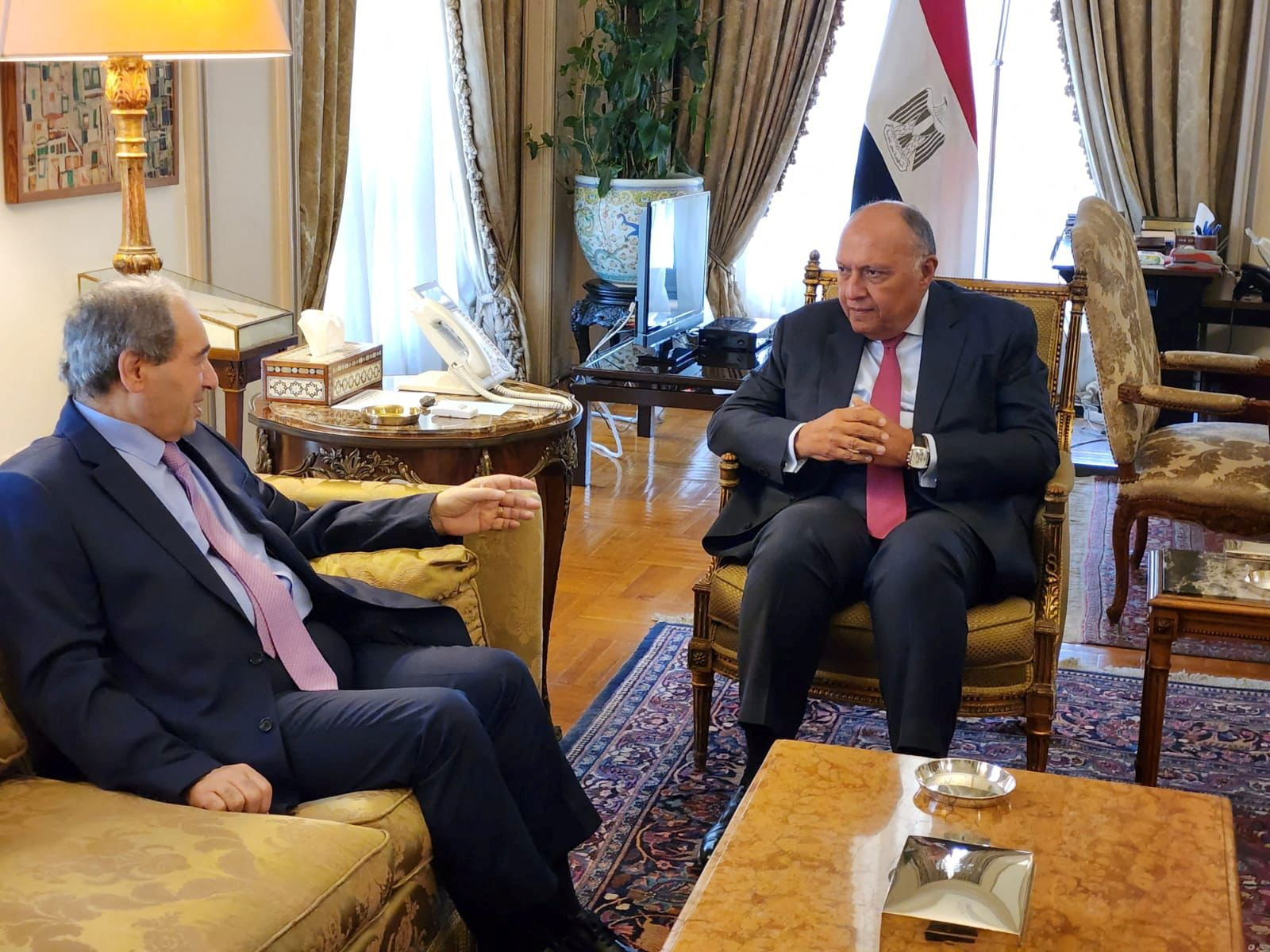 Egyptian Foreign Minister Sameh Shoukry meets with Syrian Foreign Minister Faisal Mekdad in Cairo