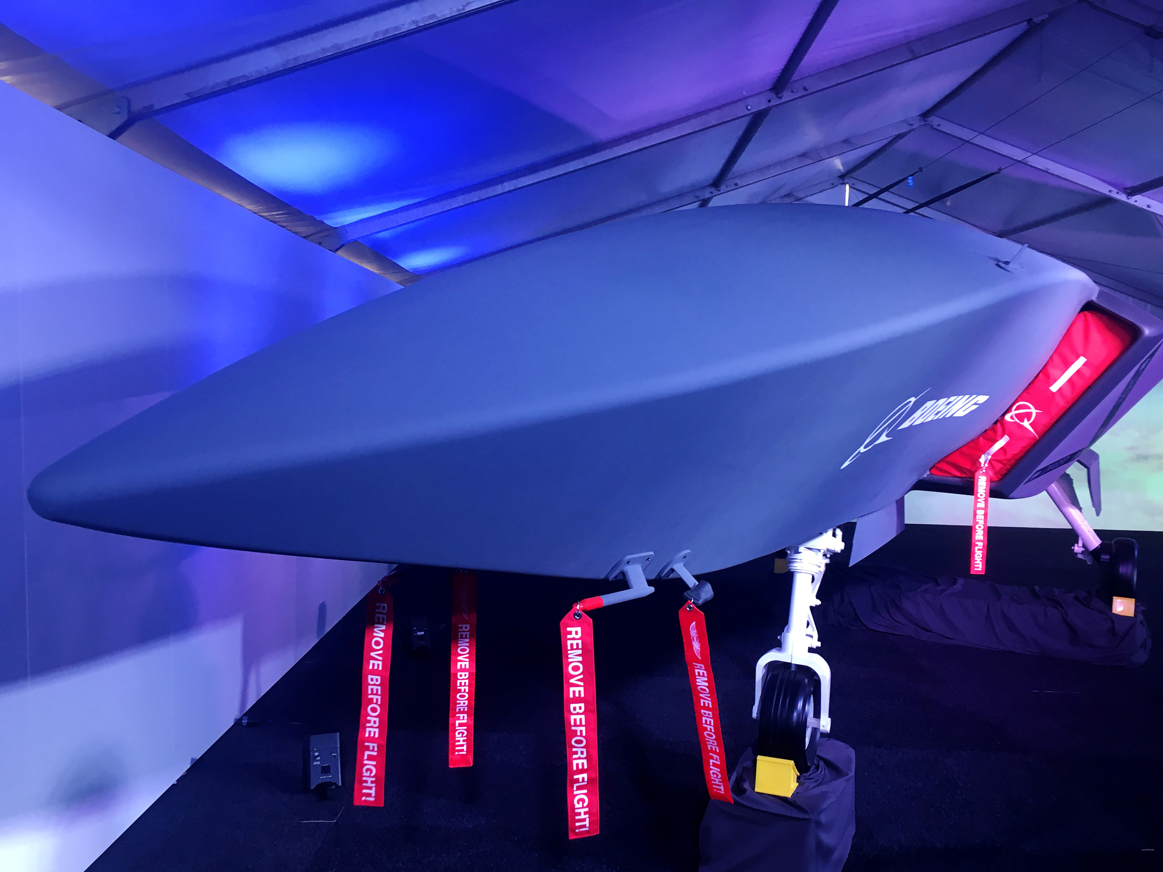 A model of Boeing's pilotless fighter-like jet 'Loyal Wingman' is displayed in Avalon