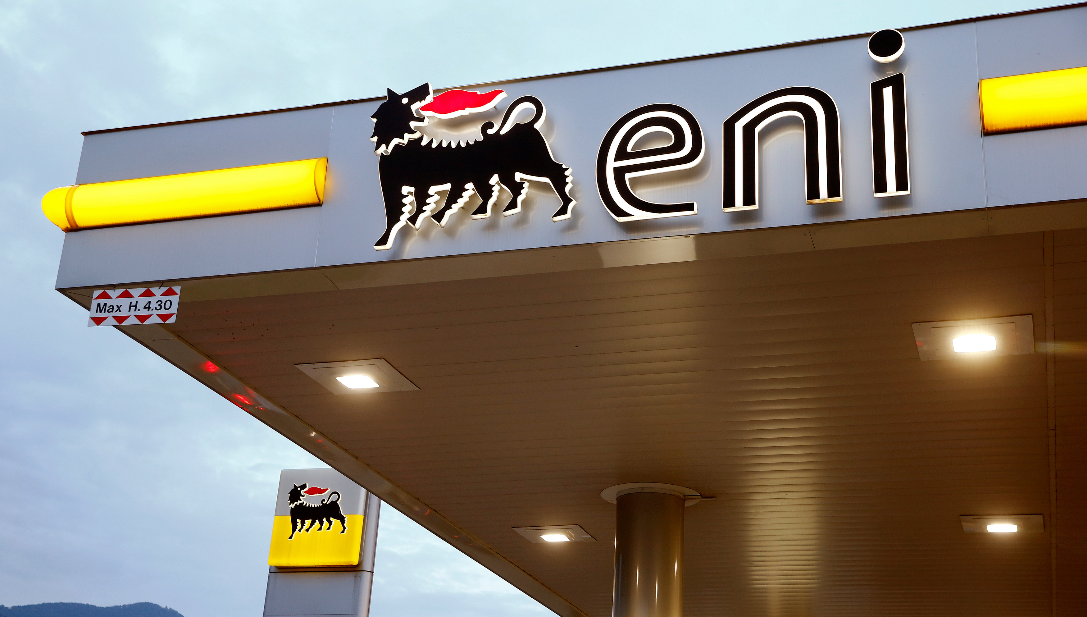 The logo of Italian Eni energy company is seen at a Agip gas station in Lugano