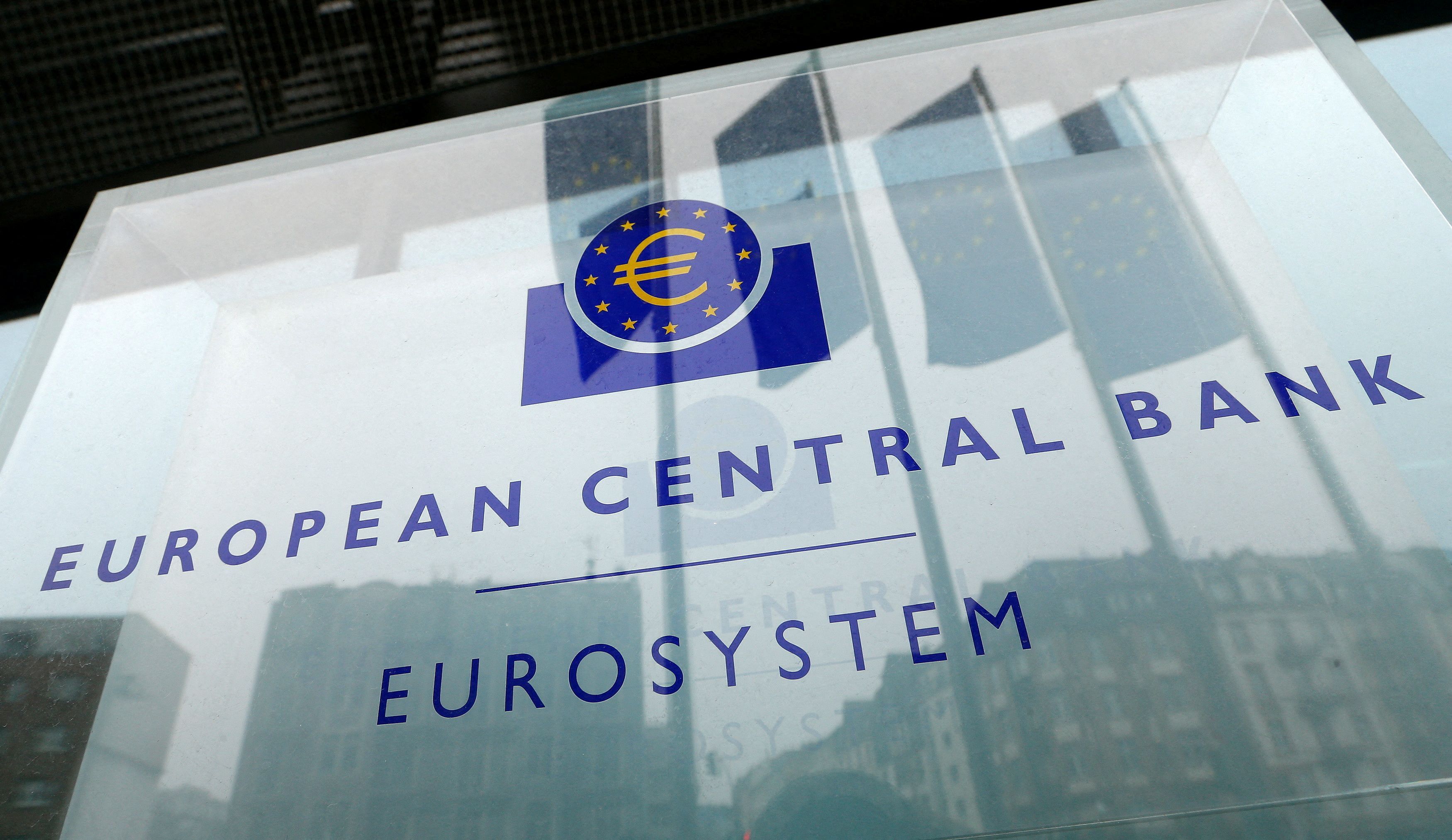 The logo of the European Central Bank is pictured outside its headquarters in Frankfurt