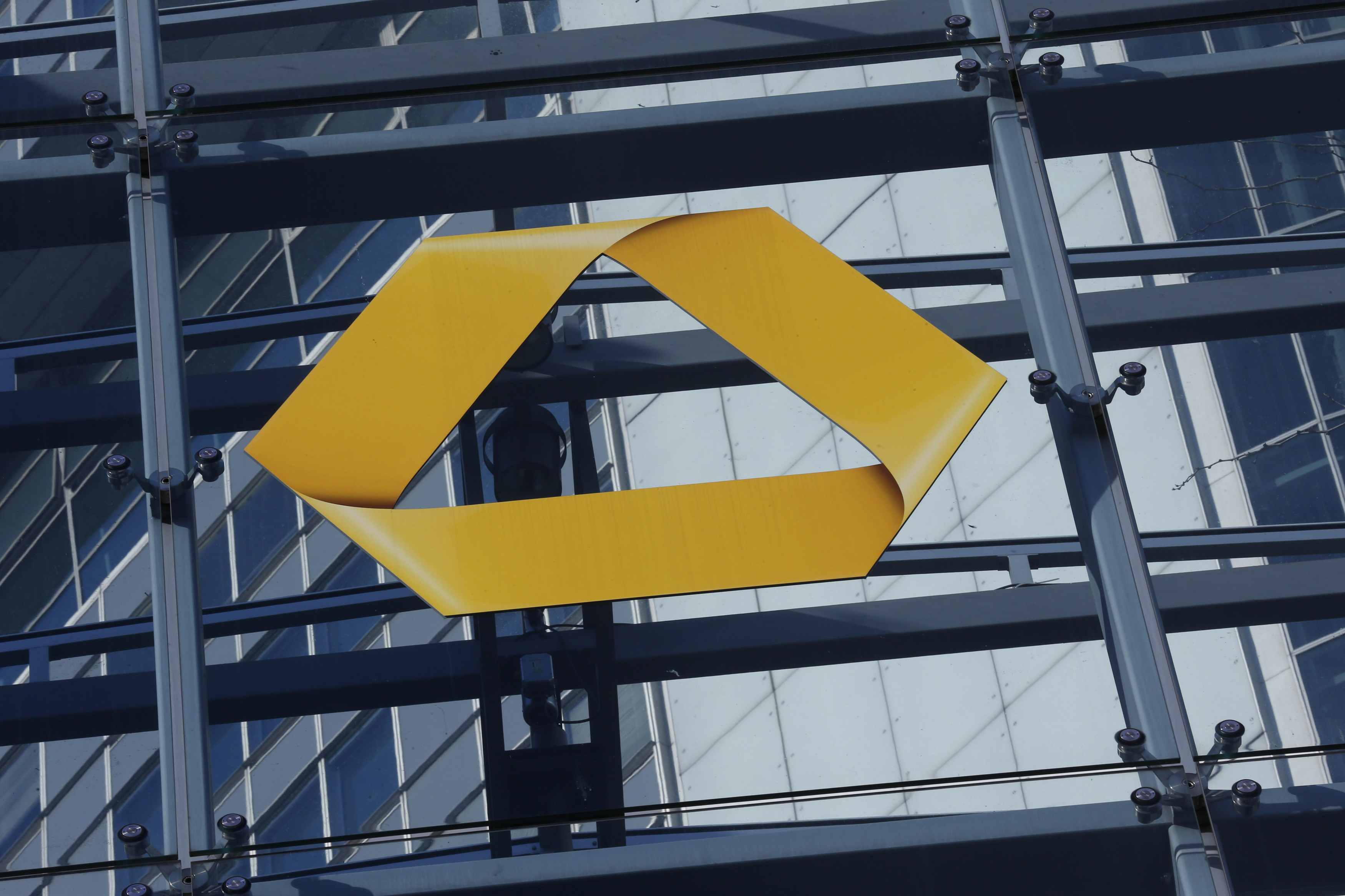 A Commerzbank logo is pictured after the bank's annual news conference in Frankfurt