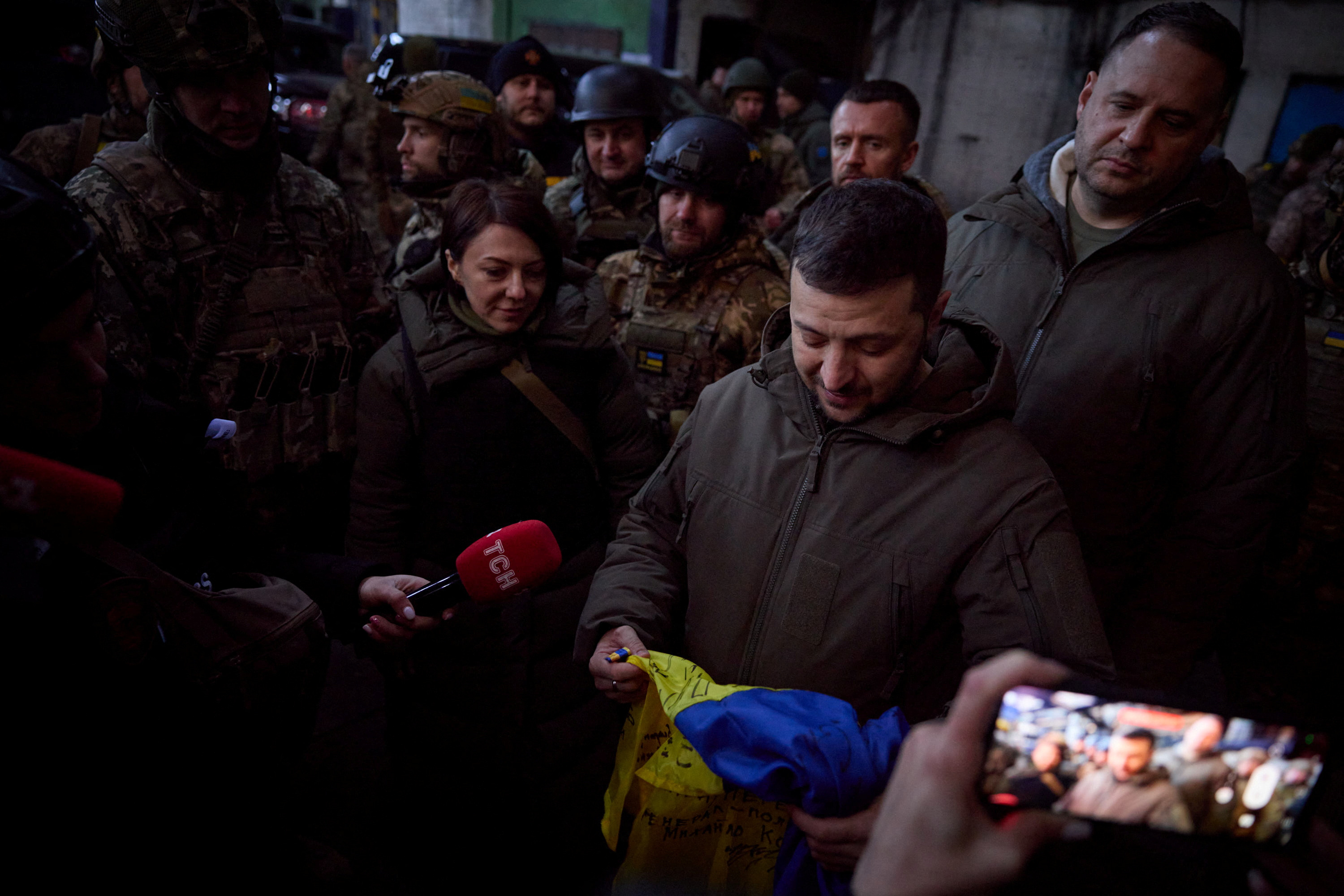 Ukraine's President Zelenskiy visits Ukrainian service members in Bakhmut