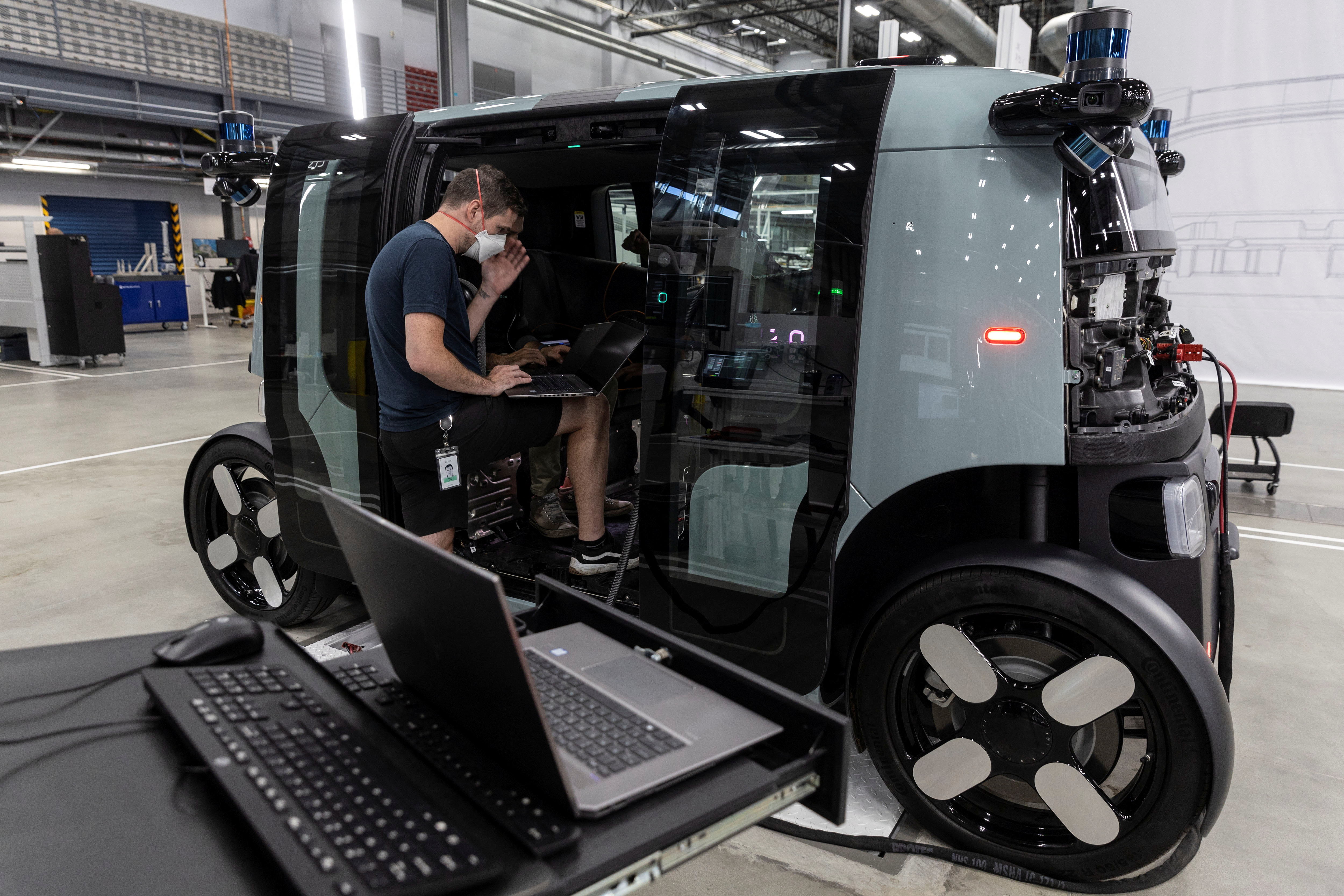 Media tour at the assembly line factory of Zoox, a self-driving vehicle owned by Amazon, in Fremont