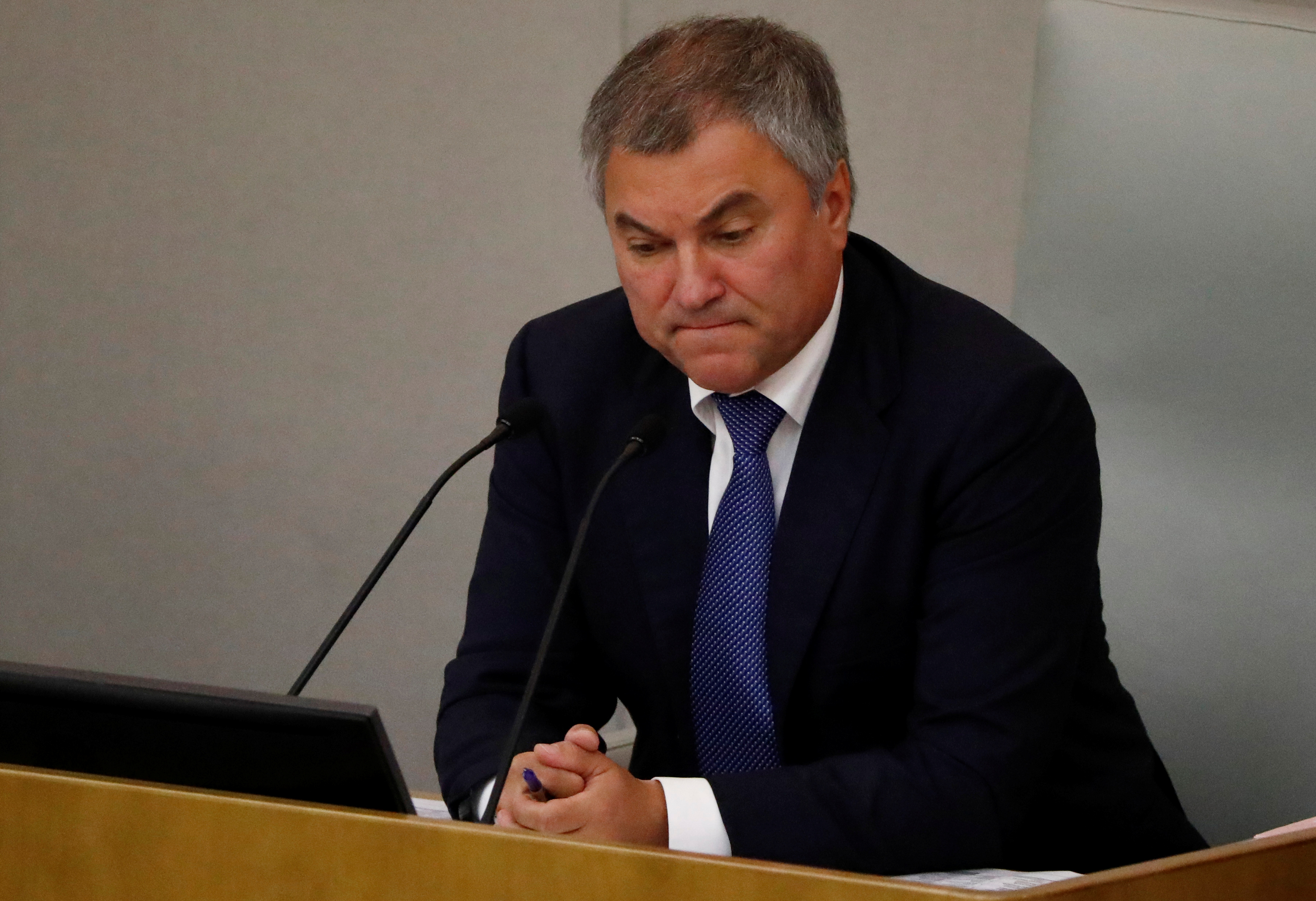 Russian parliament speaker Volodin attends a session during a vote for the pension reform bill at the State Duma in Moscow