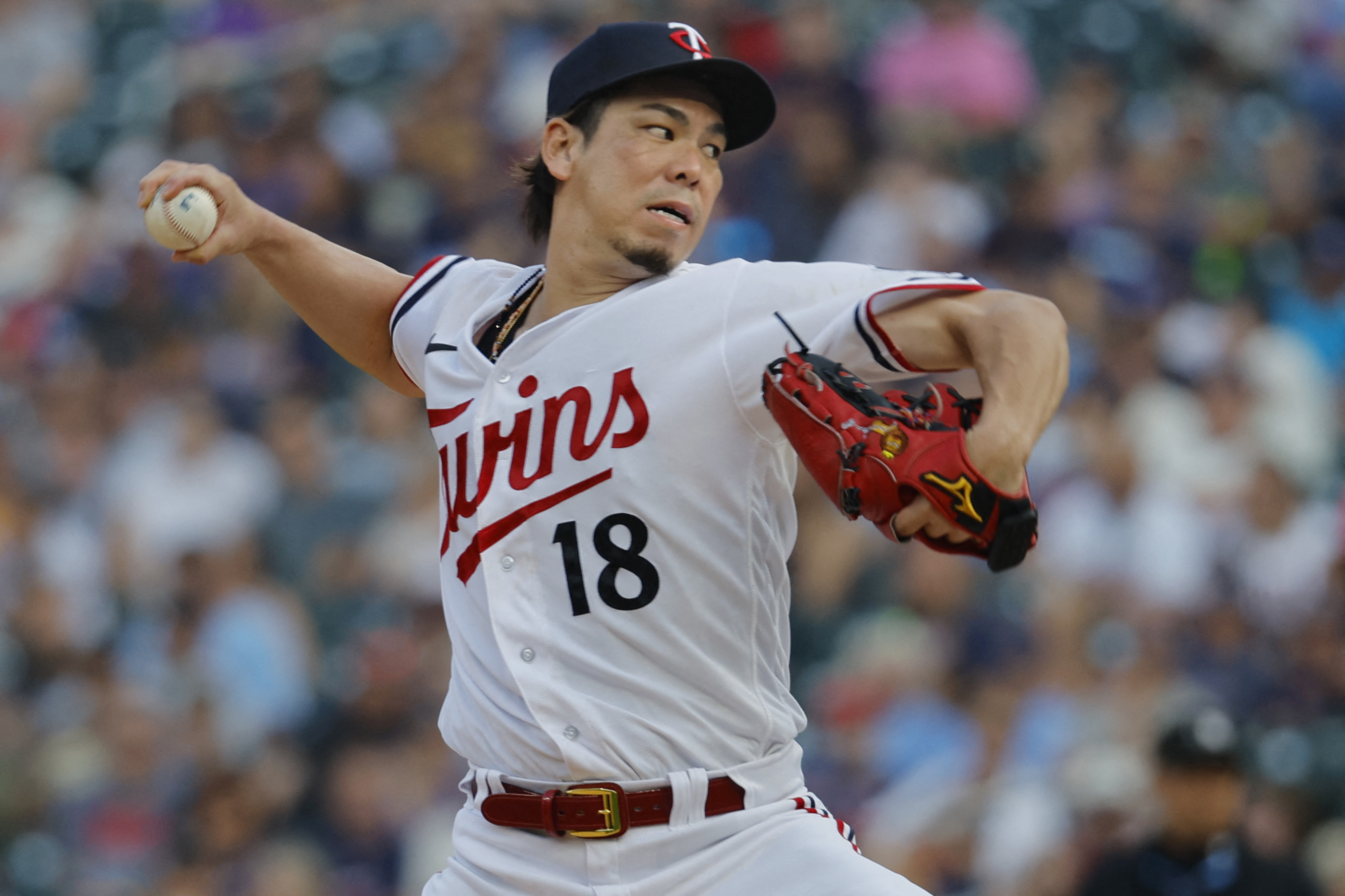 Minneapolis, USA. 05th Aug, 2023. Minnesota Twins starting pitcher Kenta  Maeda (18) gets set to throw a pitch in the first inning during a MLB  regular season game between the Arizona Diamondbacks