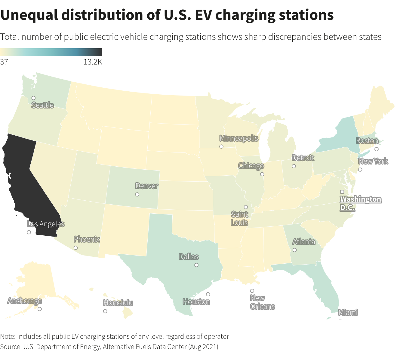 Unequal distribution of U.S. EV charging stations