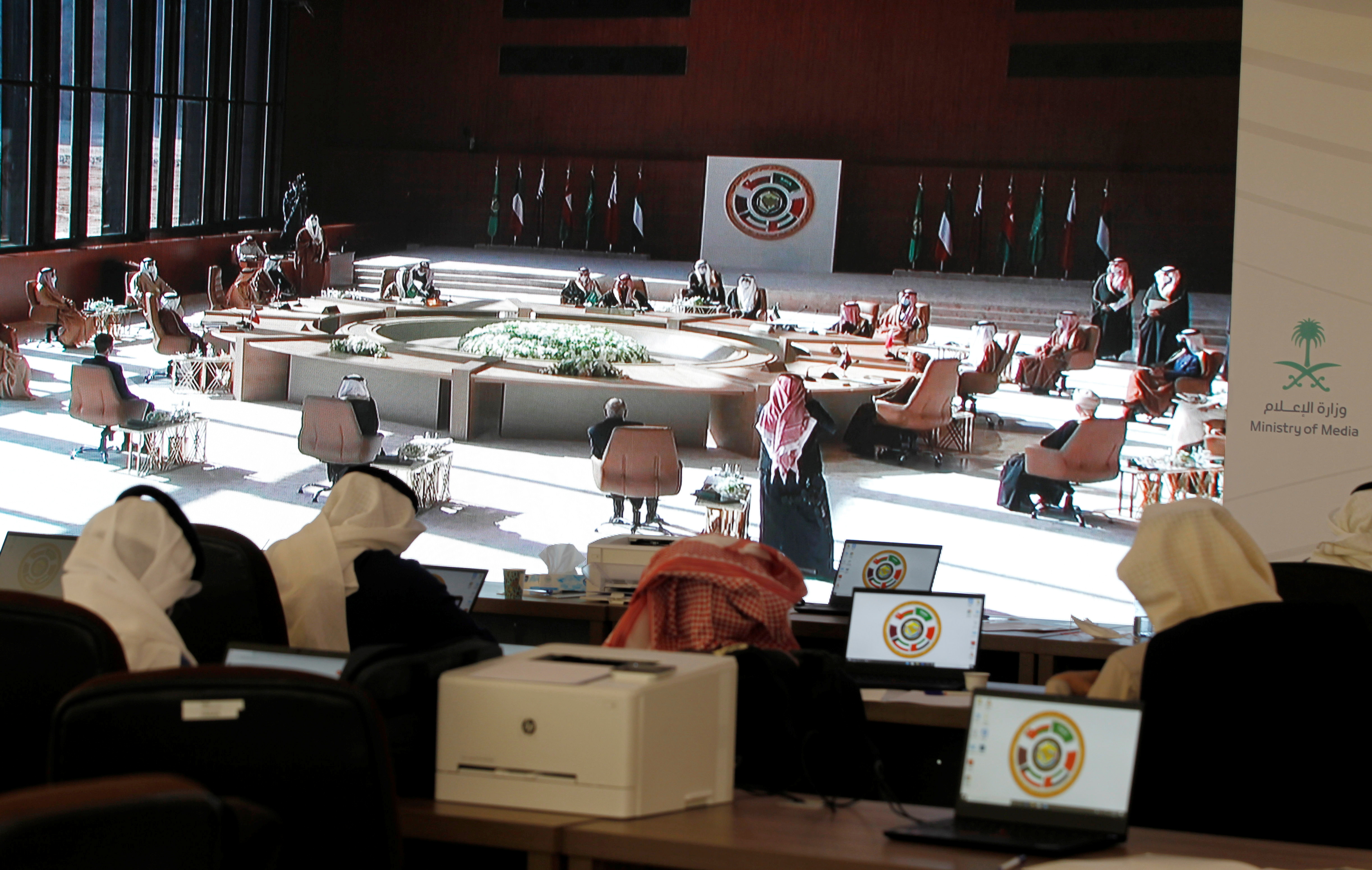 General view of the Gulf Cooperation Council's (GCC) 41st Summit, is pictured via screen at the media centre in Al-Ula