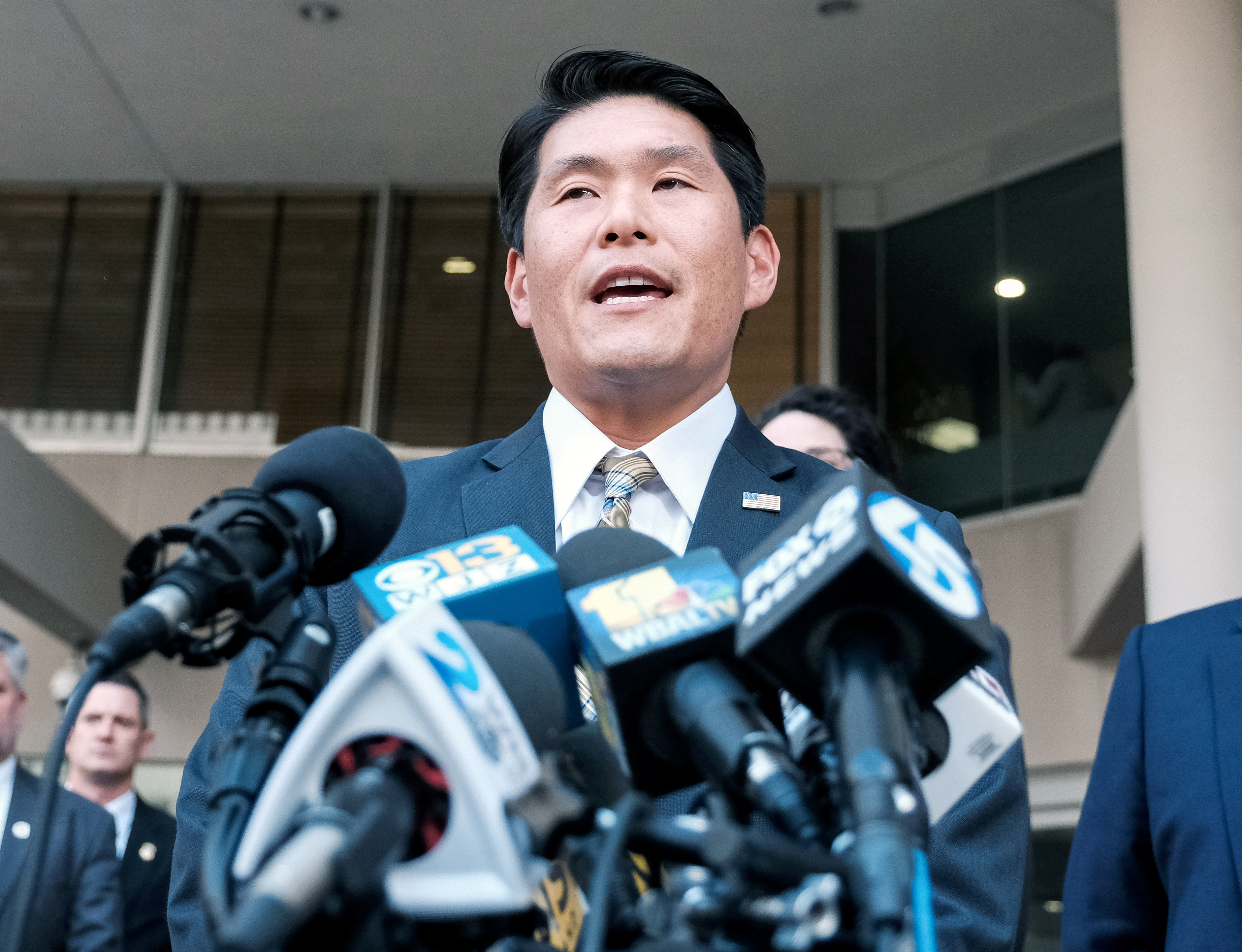 U.S. Attorney Robert Hur speaks to the media after the arraignment of former Baltimore mayor Catherine Pugh, outside of the U.S. District Court, in Baltimore