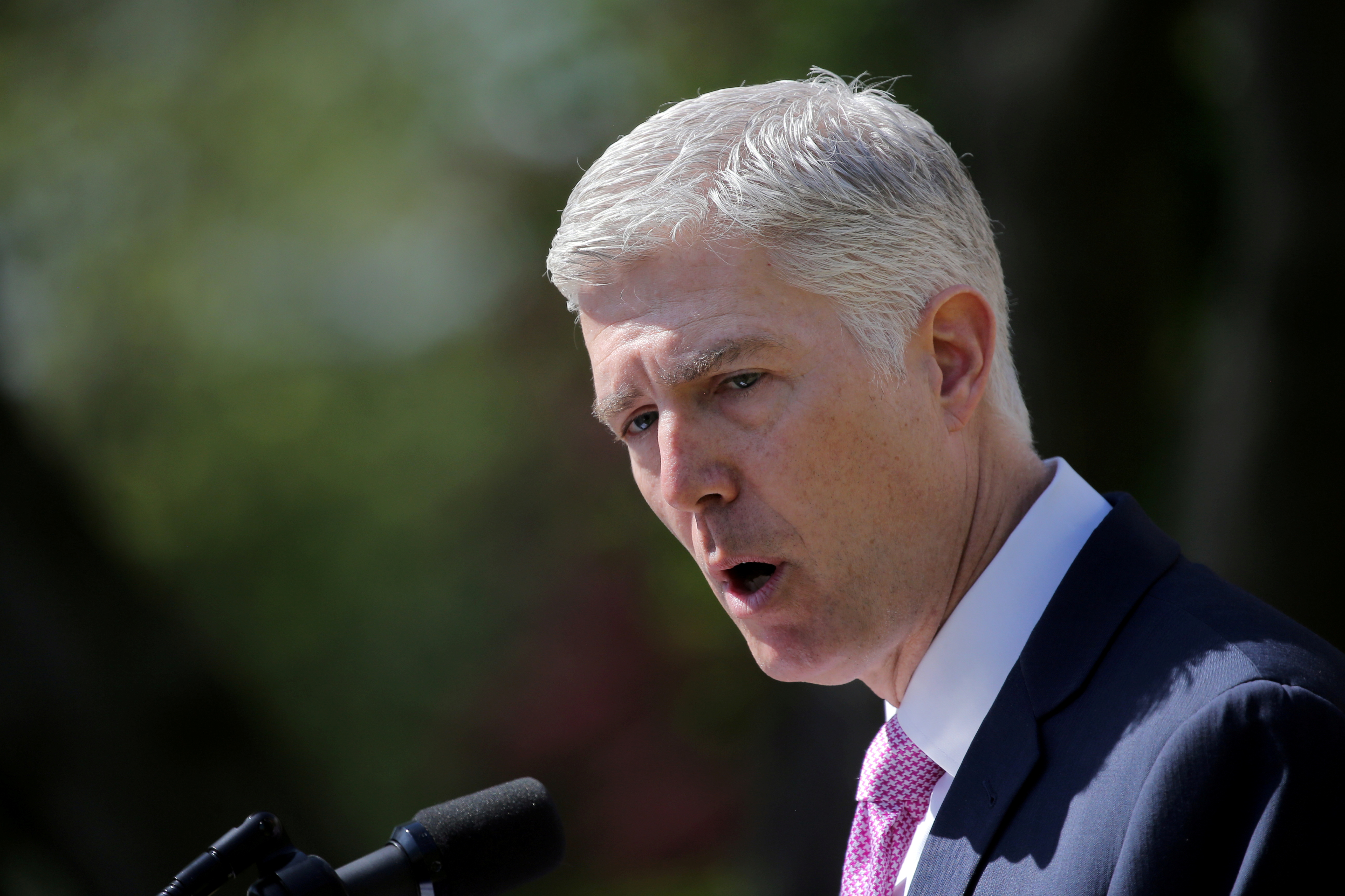 Judge Neil Gorsuch speaks after his swearing as an associate justice of the Supreme Court in the Rose Garden of the White House in Washington