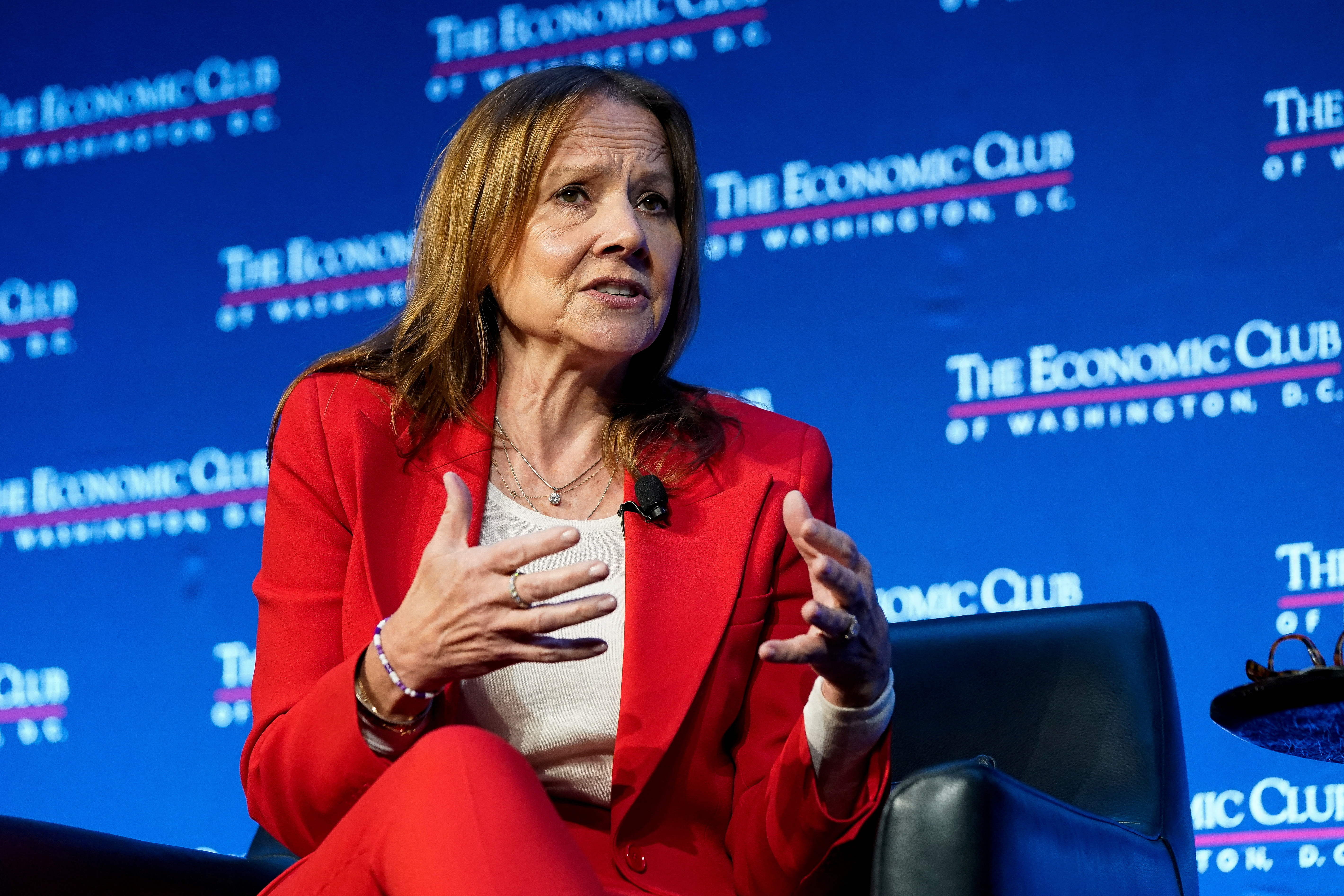 General Motors chair and CEO Mary Barra participates in an Economic Club of Washington discussion in Washington