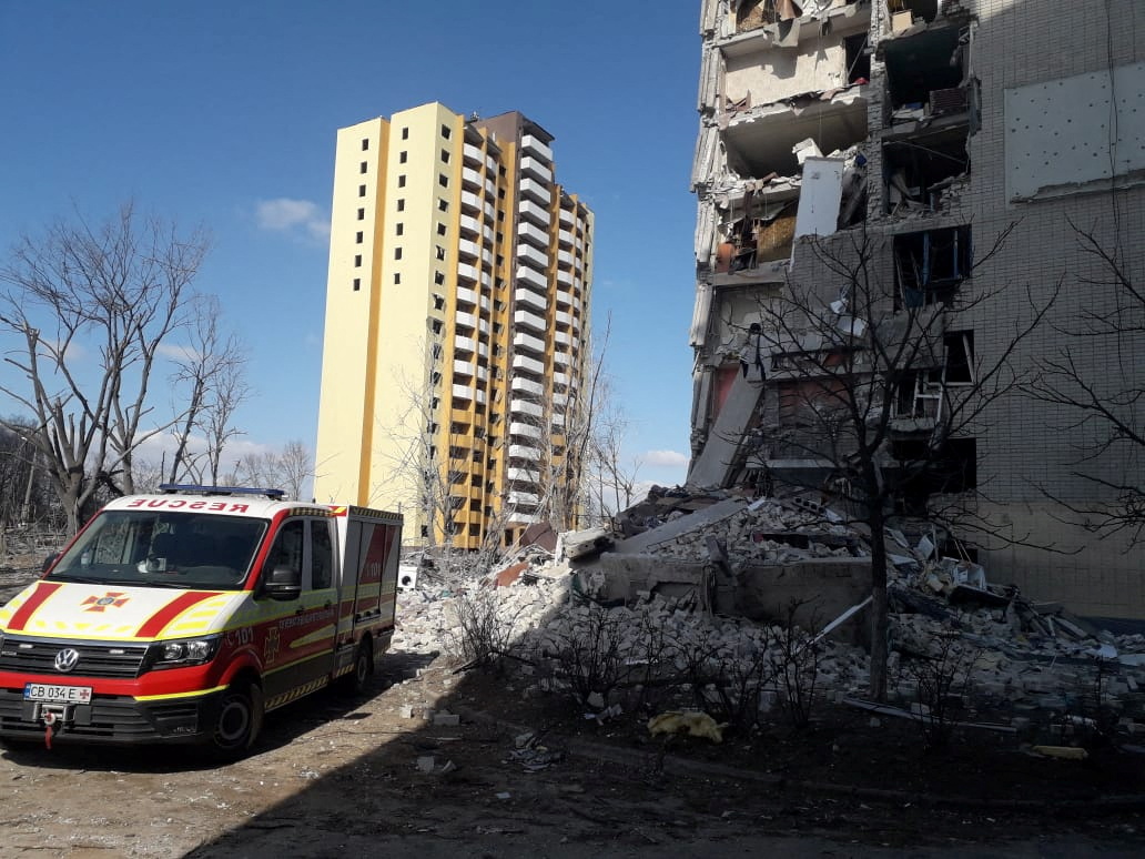 A residential building damaged by shelling is seen in Chernihiv