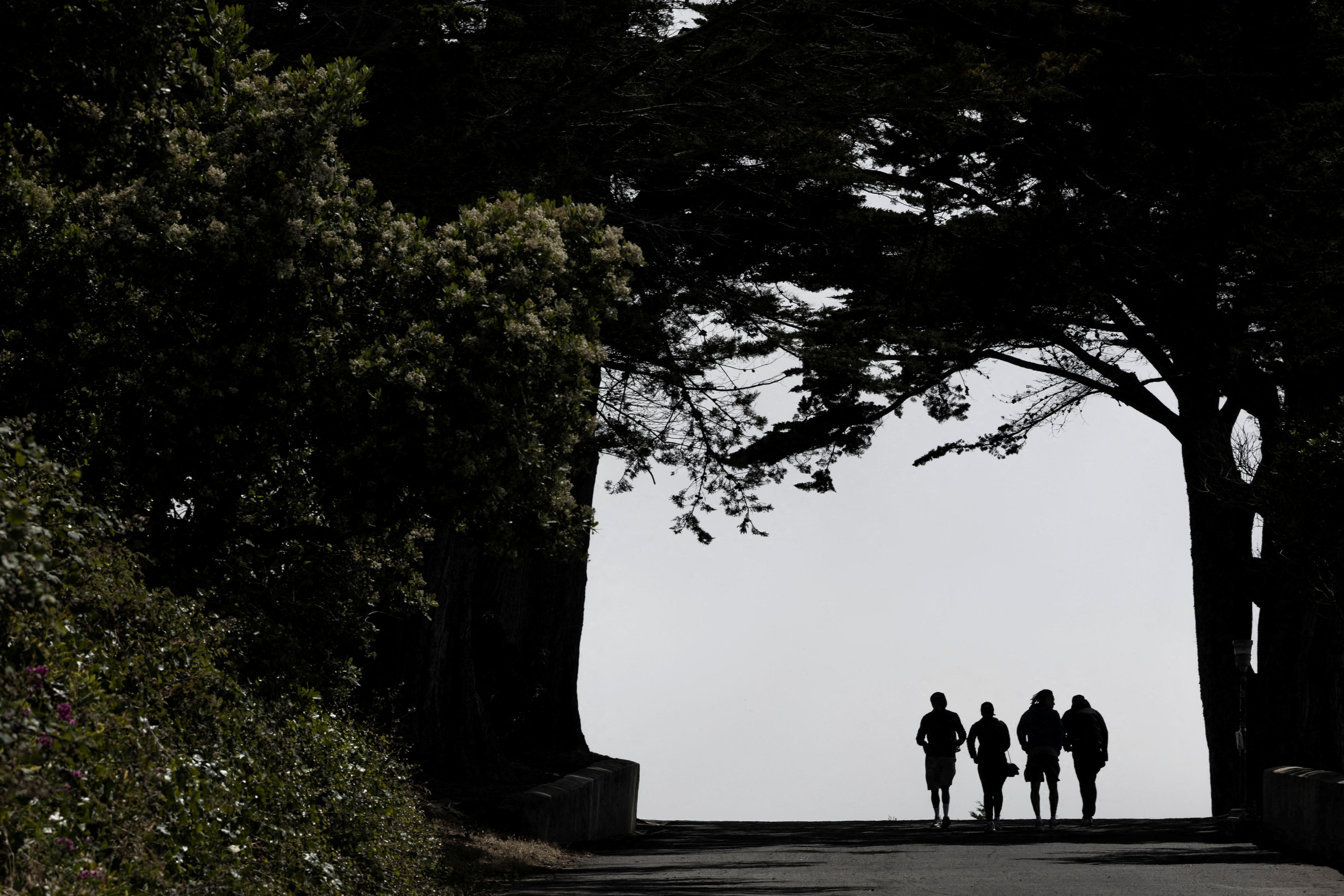 People walk along a road at the Golden Gate National Parks Conservancy in San Francisco
