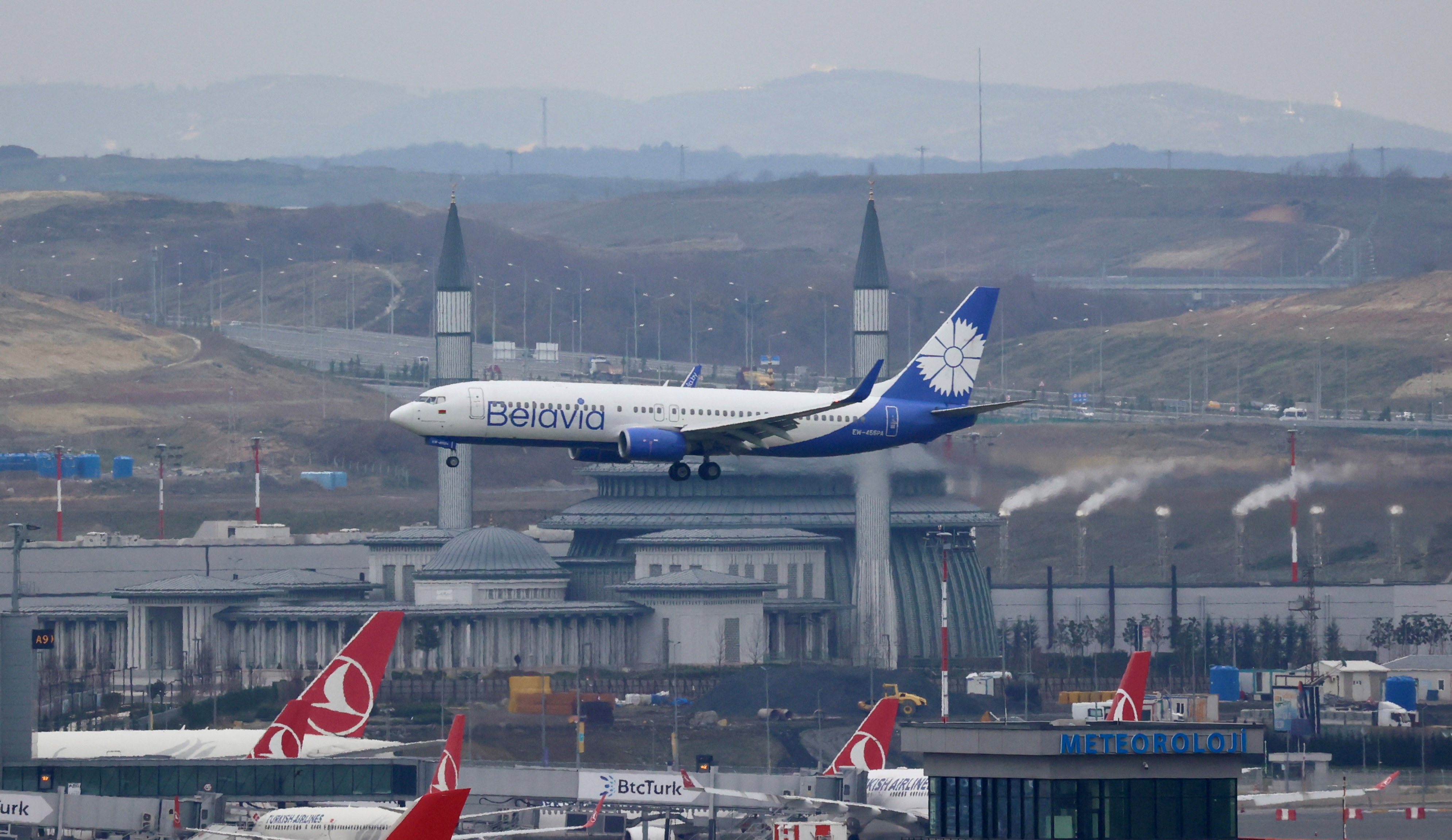 A Boeing 737-8ZM of Belarusian state carrier Belavia lands at Istanbul International Airport