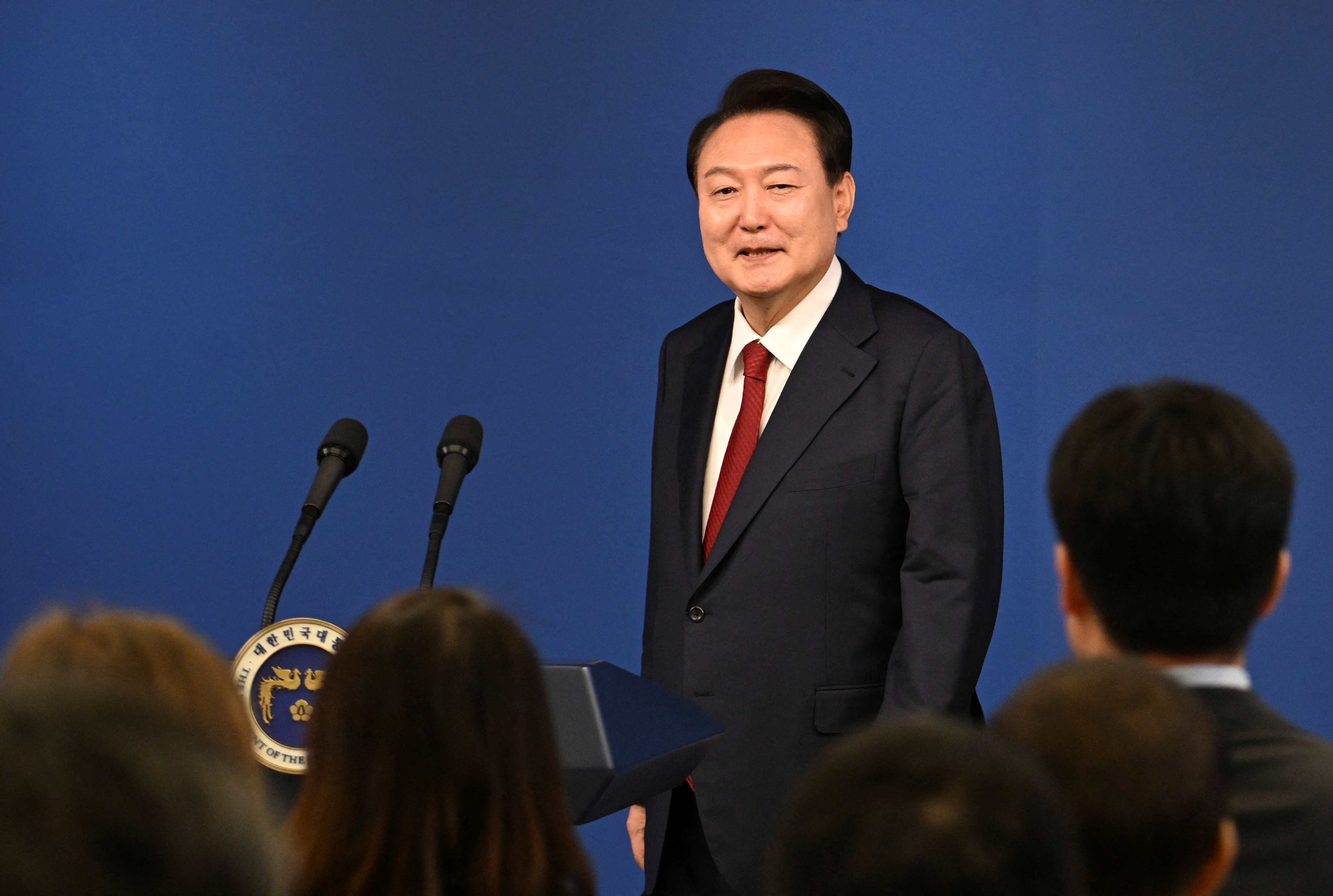 South Korean President Yoon Suk-yeol attends a press conference marking two years in office, in Seoul