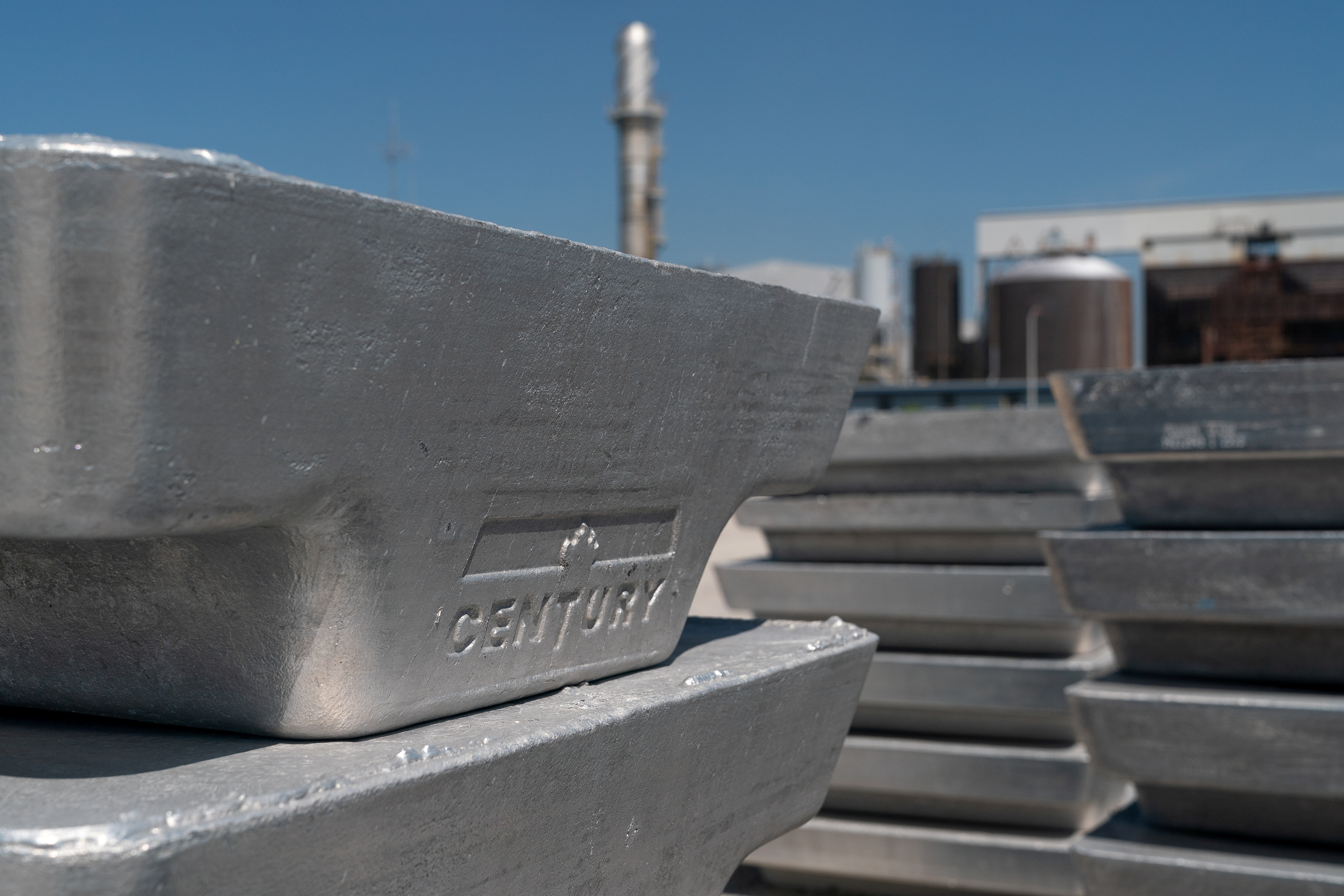 1200 pound high grade aluminum blocks await shipment at Century Aluminum Company in Hawesville, Kentucky, U.S. May 14, 2019. REUTERS/Bryan Woolston/File Photo