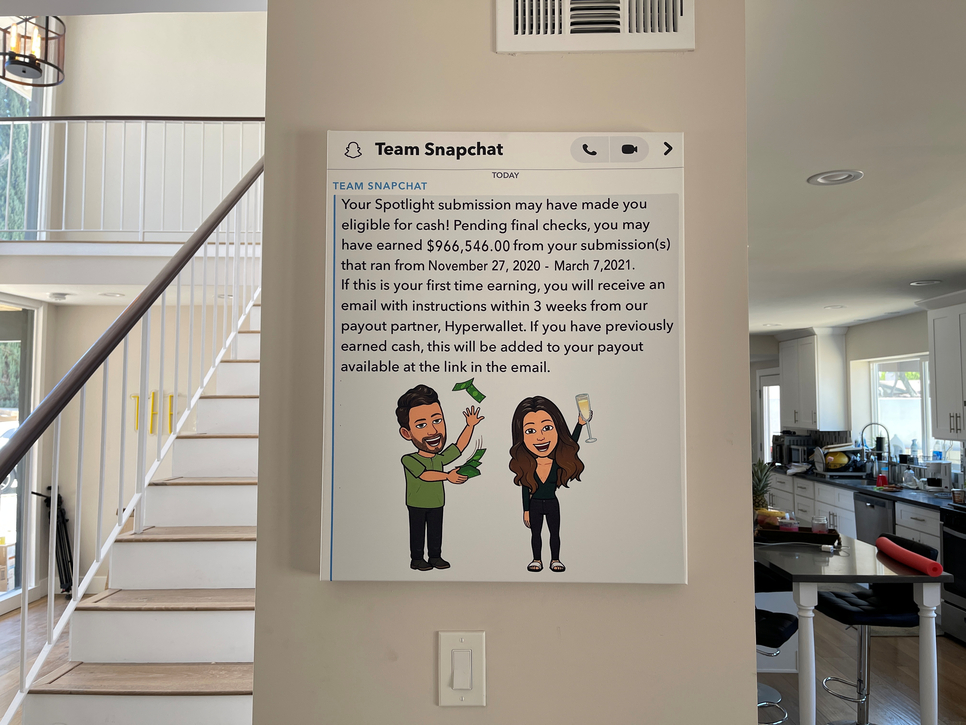 A screenshot of the earnings Dominic Andre and his girlfriend made in the past year from Snapchat hangs in their home