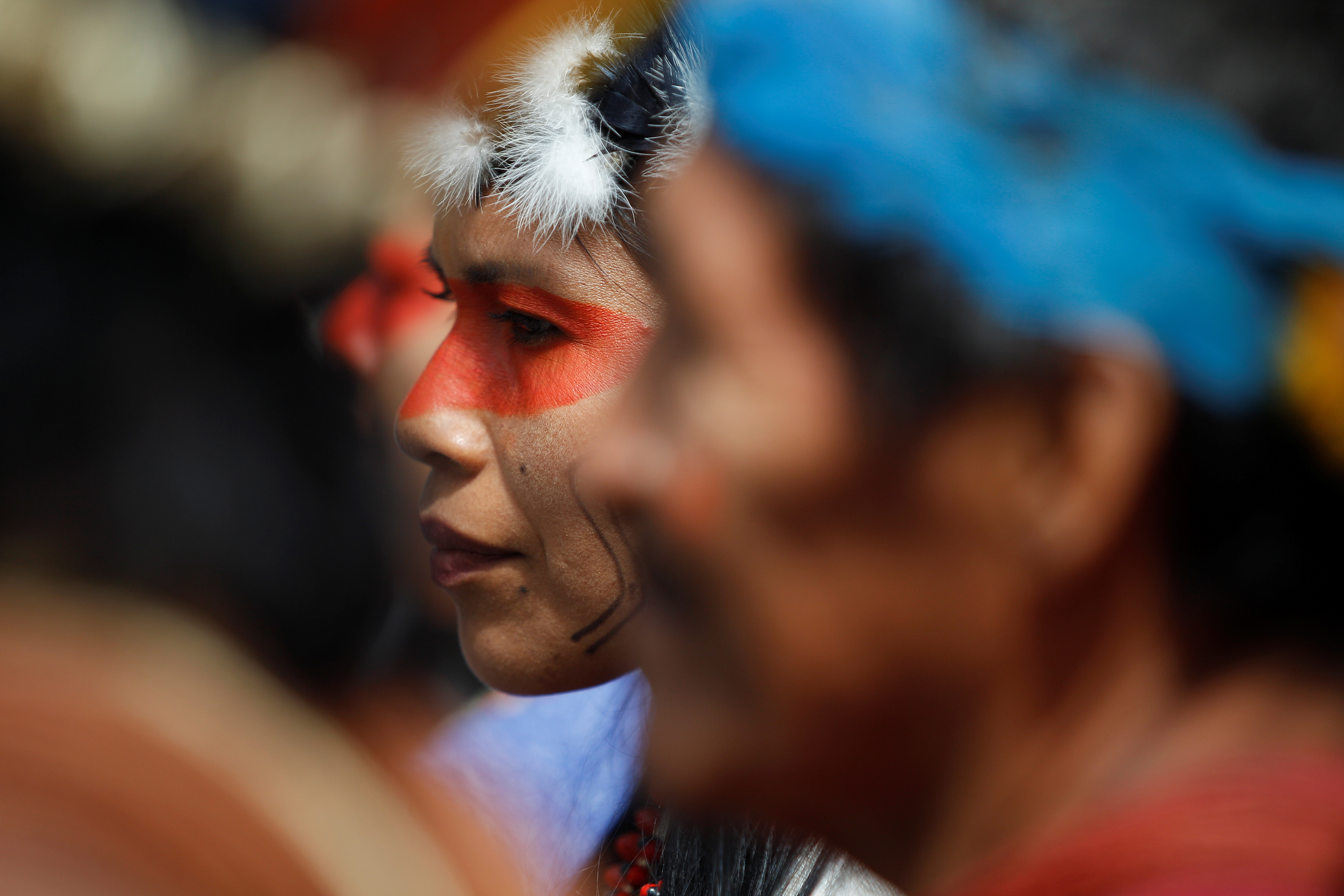 Members of Ecuador's Waorari community gather in front of the council of the judiciary building after a local court ruled that the state had violated the rights of indigenous communities who were to be consulted about oil exploitation in their territories, in Quito, Ecuador May 15, 2019. REUTERS/Daniel Tapia