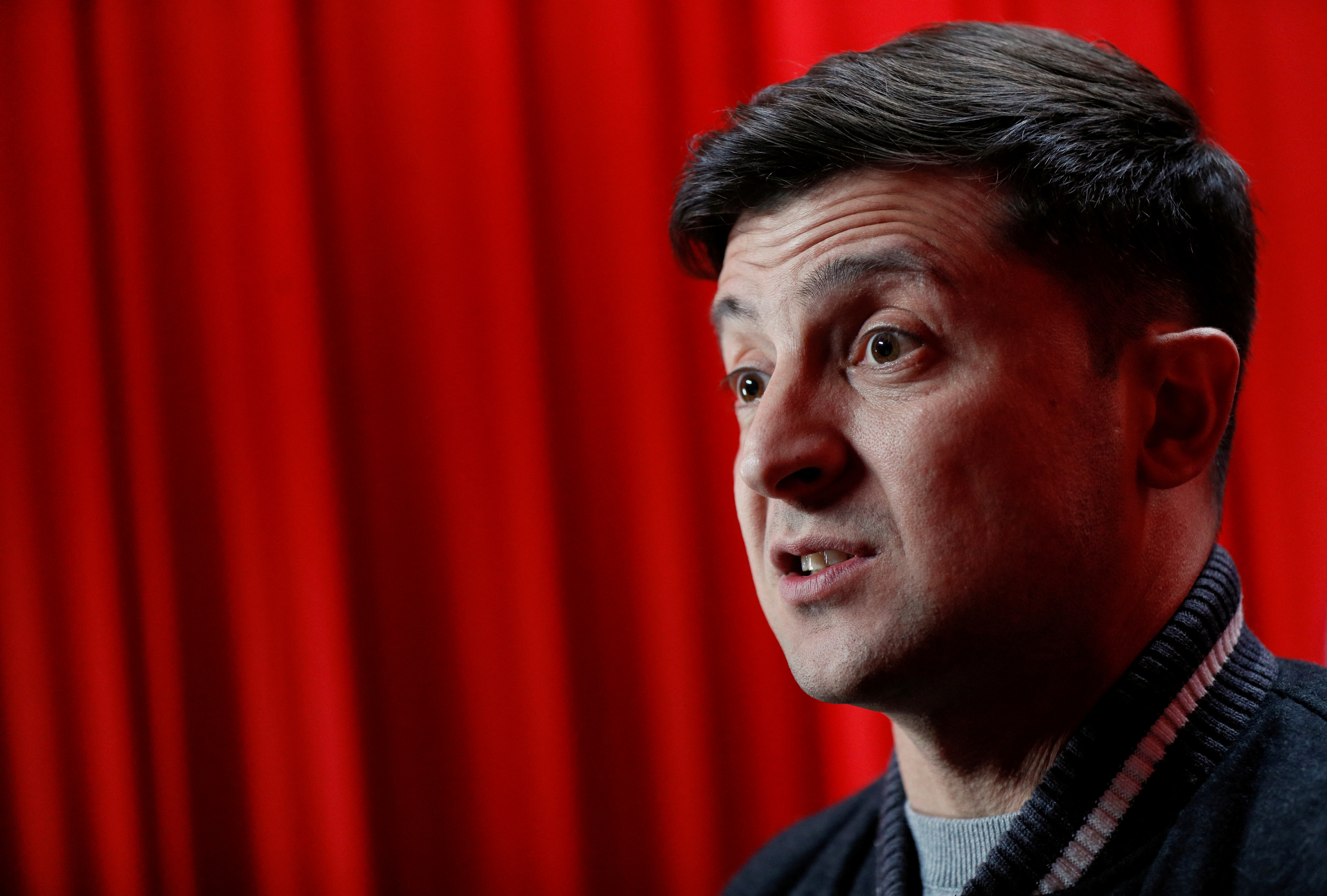 Volodymyr Zelenskiy, Ukrainian actor and candidate in the upcoming presidential election, speaks during an interview with Reuters at a concert hall in Kiev