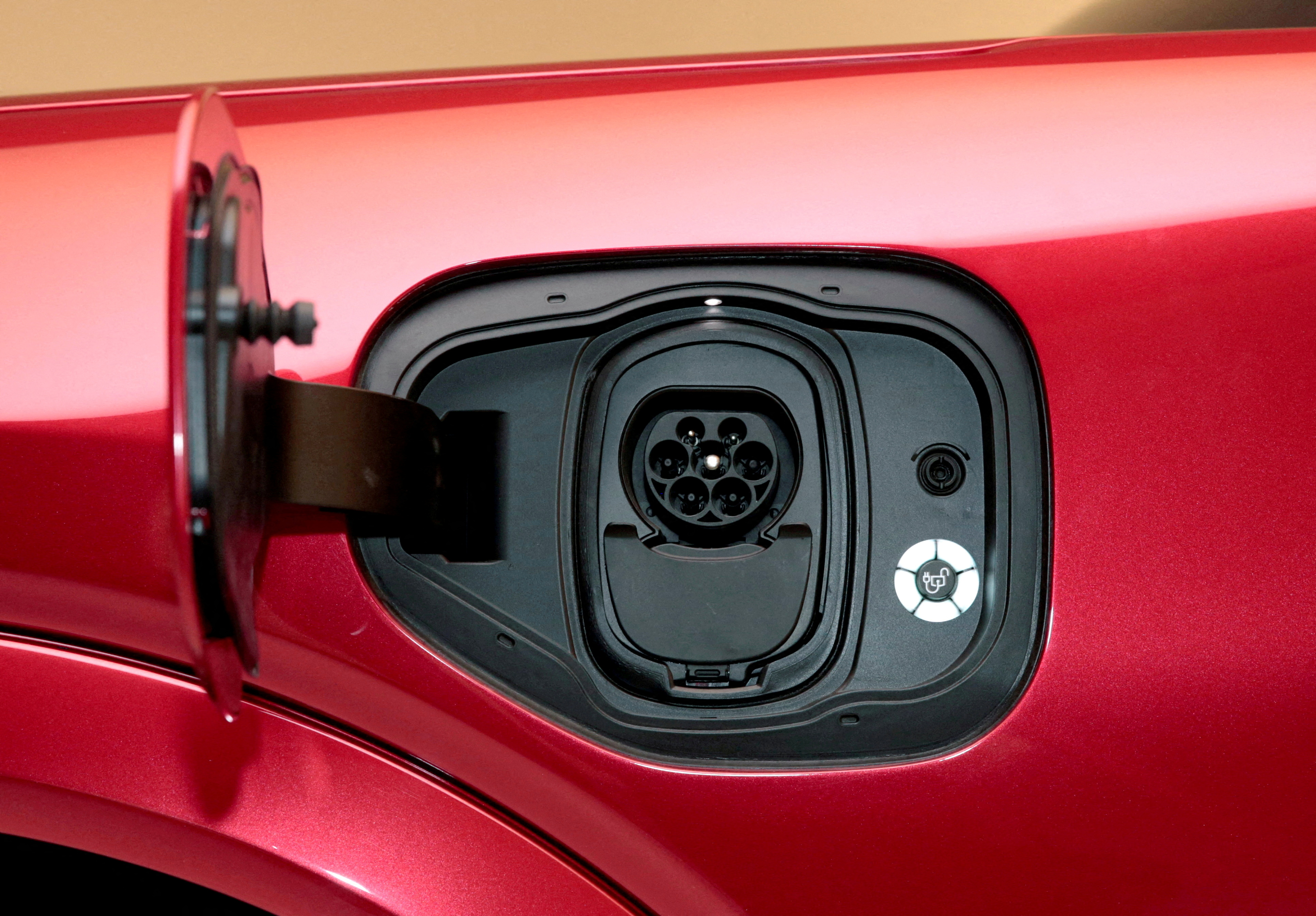 The charging socket is seen on Ford Motor Co's electric Mustang Mach-E vehicle during a photo shoot at a studio in Warren, Michigan