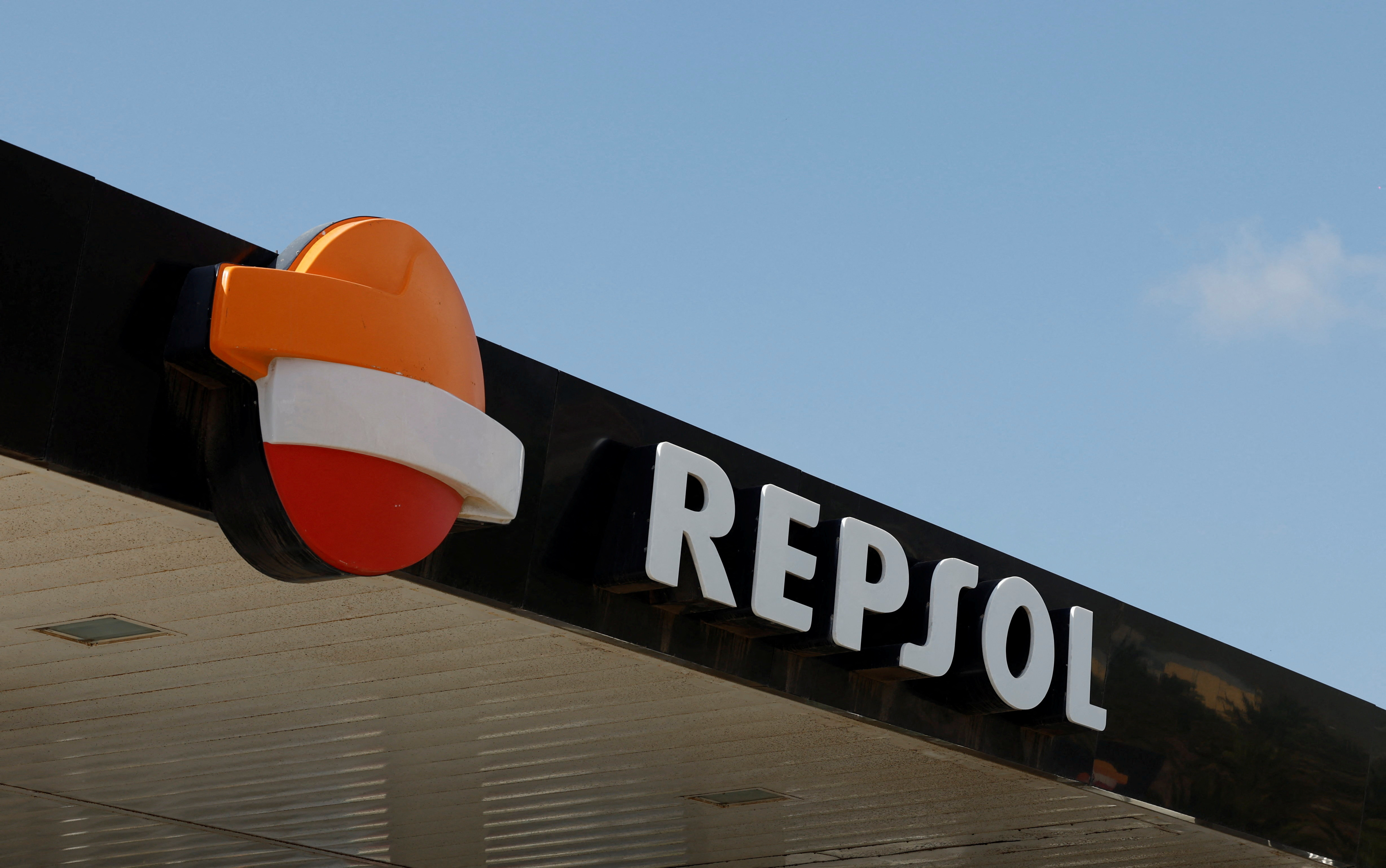 The logo of Spanish energy group Repsol is seen at a gas station in Arinaga