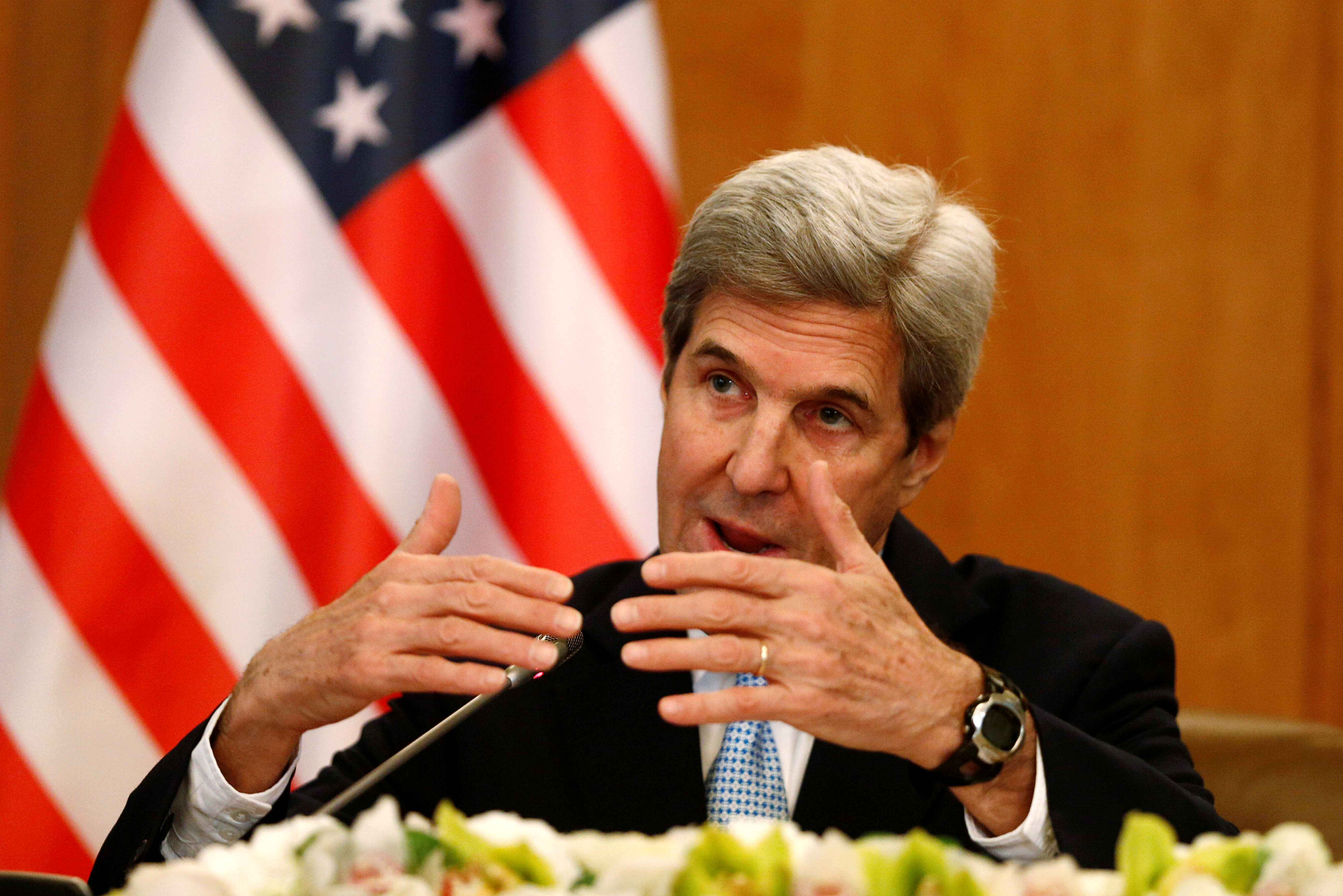 U.S. Secretary of State John Kerry gestures during a news conference in Riyadh