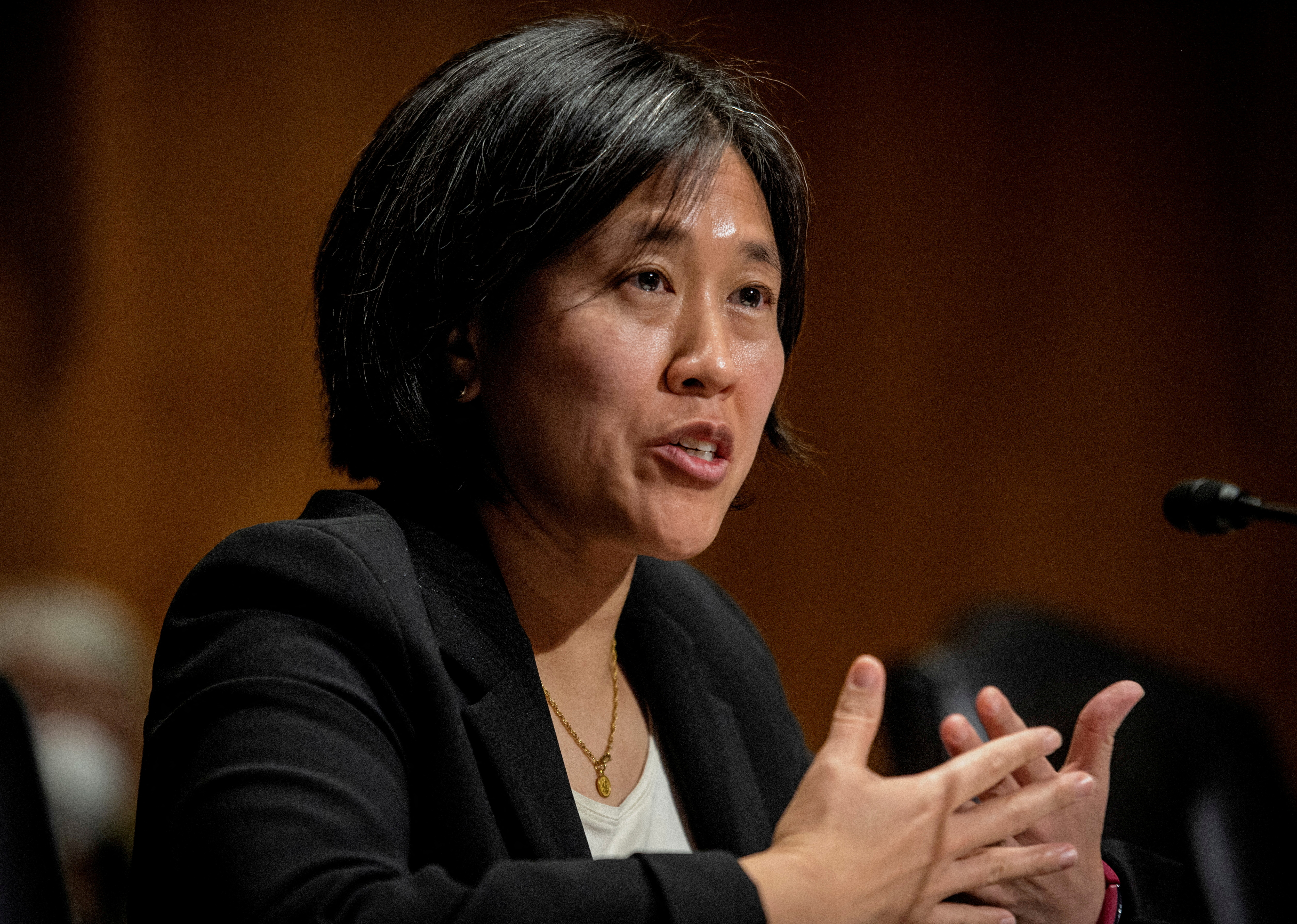 Katherine Tai addresses the Senate Finance committee hearings to examine her nomination to be United States Trade Representative, with the rank of Ambassador, in Washington, DC