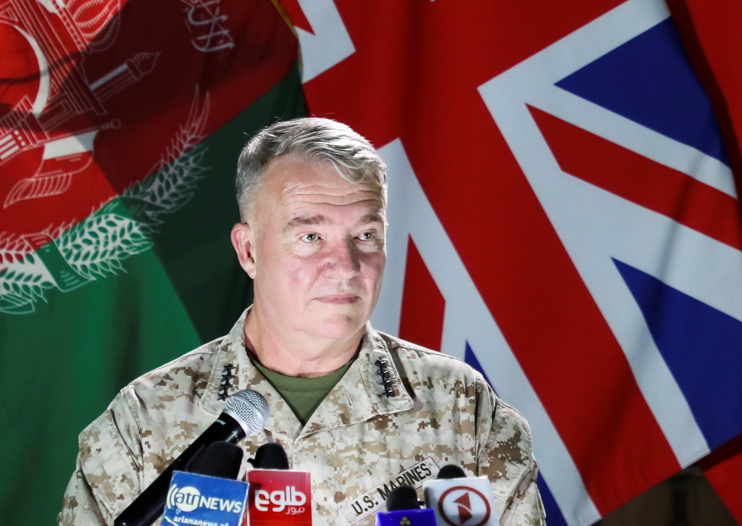 U.S. Marine Corps General McKenzie, commander of U.S. Central Command, speaks during a news conference, in Kabul