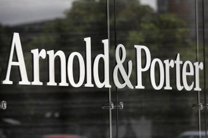 Signage is seen outside of the law firm Arnold & Porter at their legal offices in Washington, D.C., U.S.