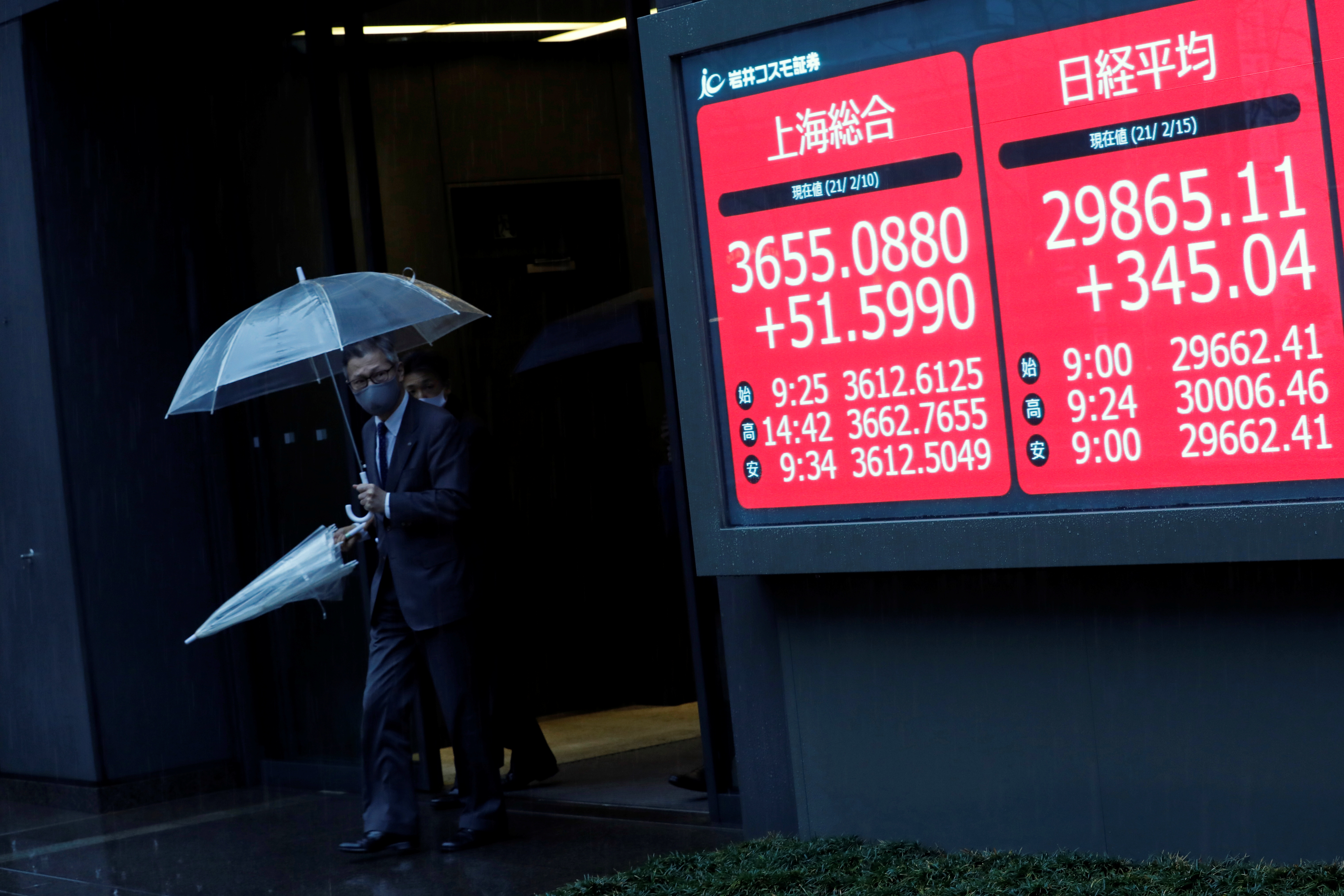 Men holding umbrellas walk near an electric board showing Nikkei index at a brokerage in Tokyo