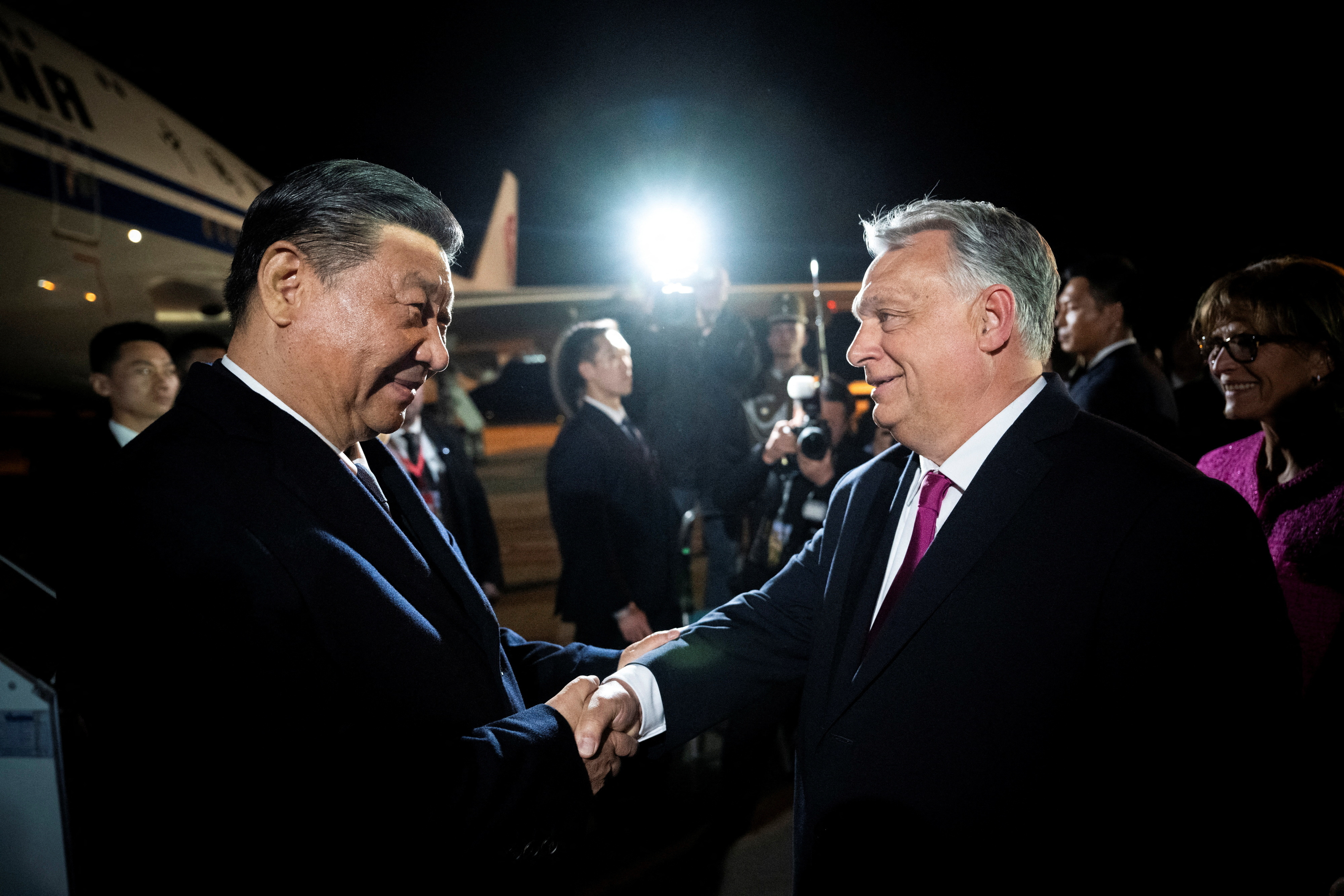 Hungarian Prime Minister Orban welcomes Chinese President Xi Jinping at the Ferenc Liszt International Airport in Budapest