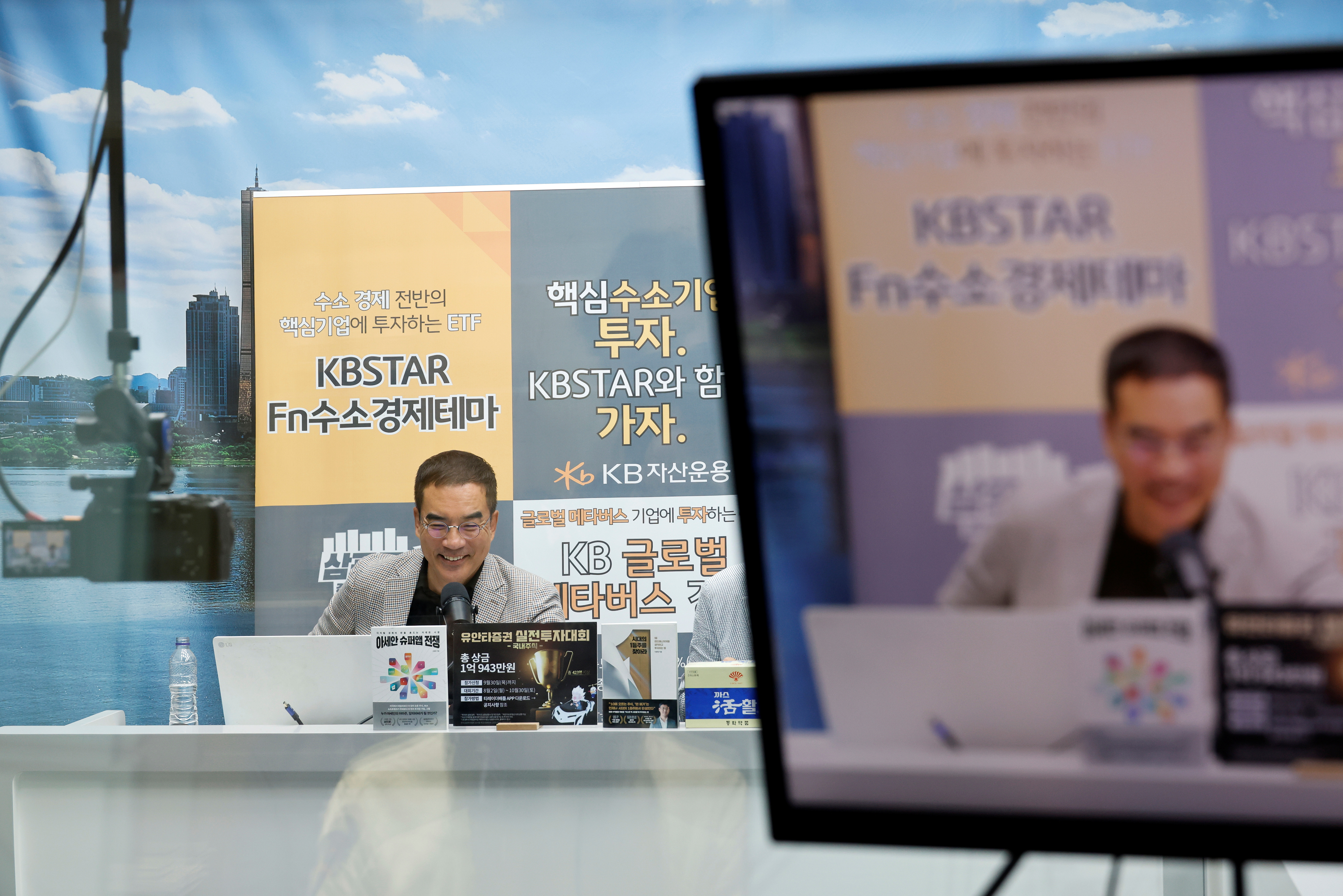 Kim Dong-hwan, SAMPRO TV main host, broadcasts live service streaming on YouTube at a studio in Seoul