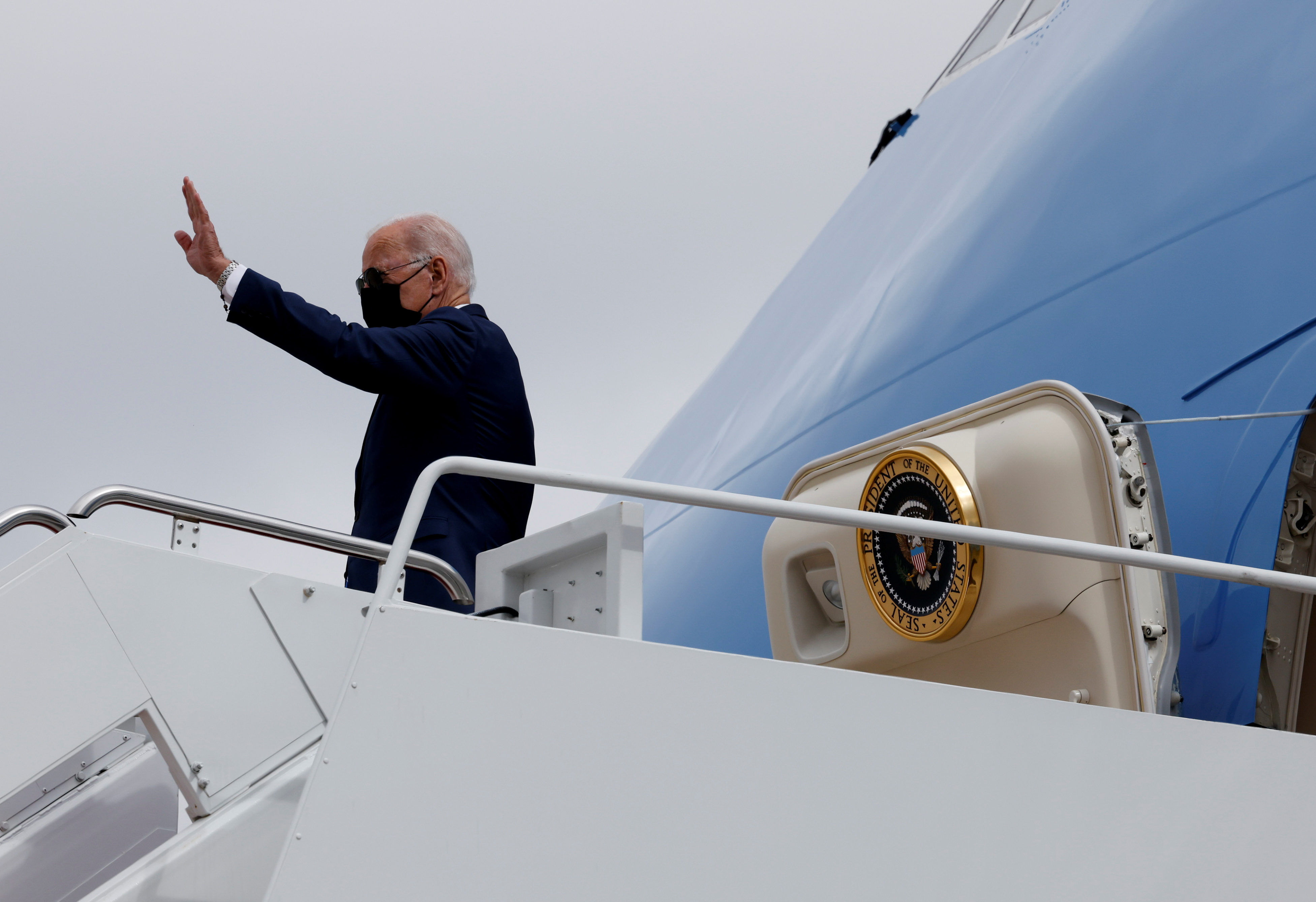 U.S. President Joe Biden boards Air Force One for travel to Michigan from Joint Base Andrews