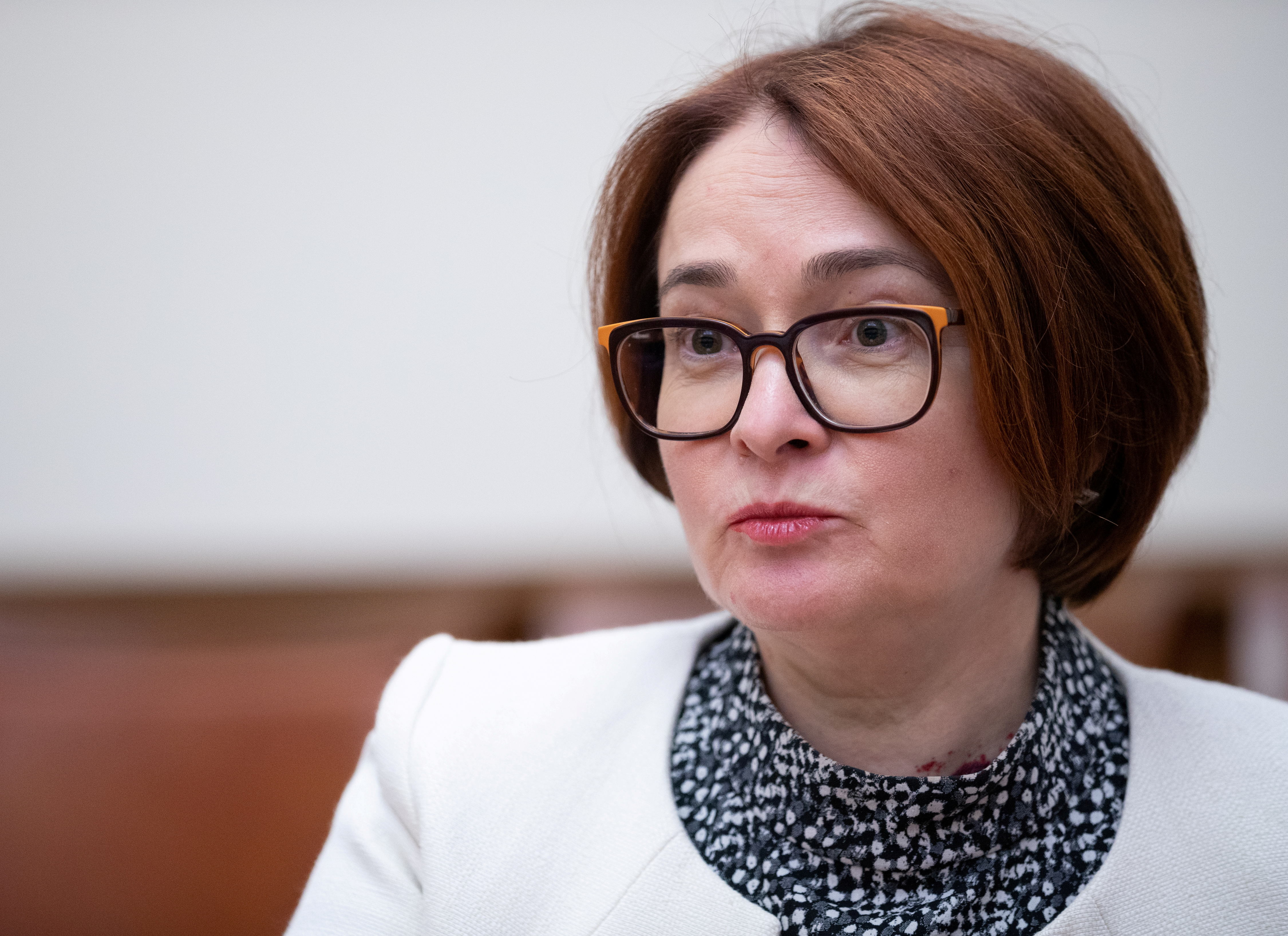 Russian Central Bank Governor Nabiullina speaks during an interview in Moscow